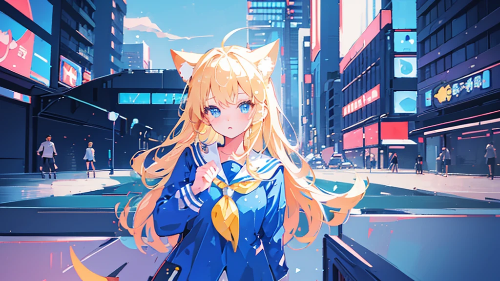 (1 girl, blonde hair, blue eyes, sailor suit, cat ear, kawaii), (blue cyberpunk city, metropolis, shining stars, bblue neon)