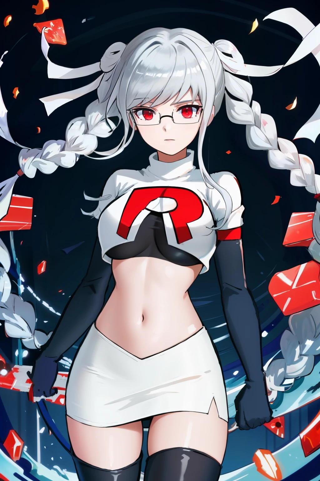 1girl, breasts, cowboy shot, floating hair, glasses, hair ribbon, large breasts, shiny, shiny hair, solo, white ribbon, team rocket,team rocket uniform,white skirt,red letter R,crop top,black thigh-highs,black elbow gloves