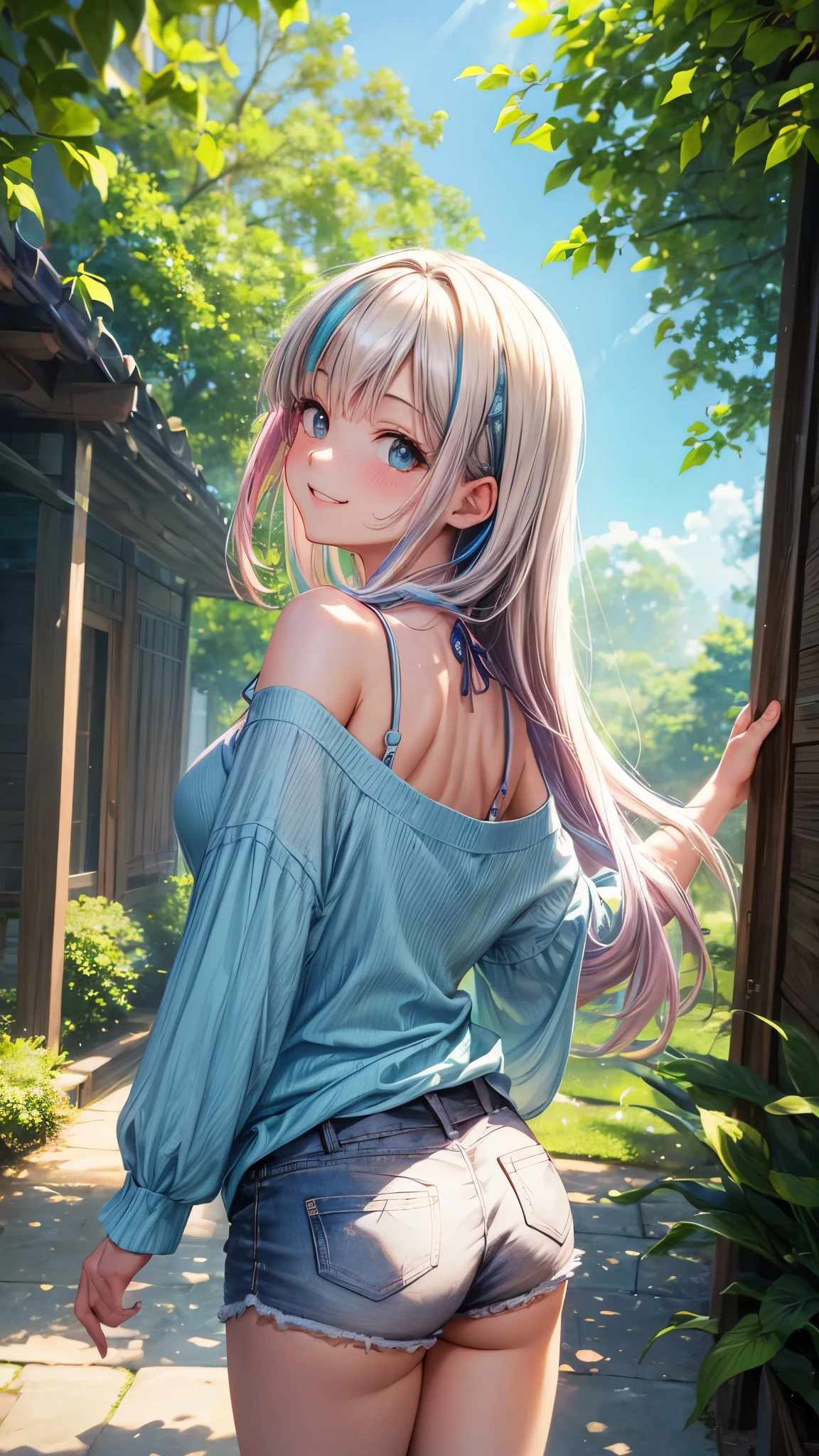 (highres,masterpiece:1.2),detailed,1_girl waifu,,wearing offtheshoulder shirt,mini shorts,portraits,anime style,vibrant colors,pastel color palette,warm lighting,blurred background,greenery in the background,breezy atmosphere,relaxed expression,bright eyes,happy smile,flowing hair,soft sunlight filtering through the leaves, back view