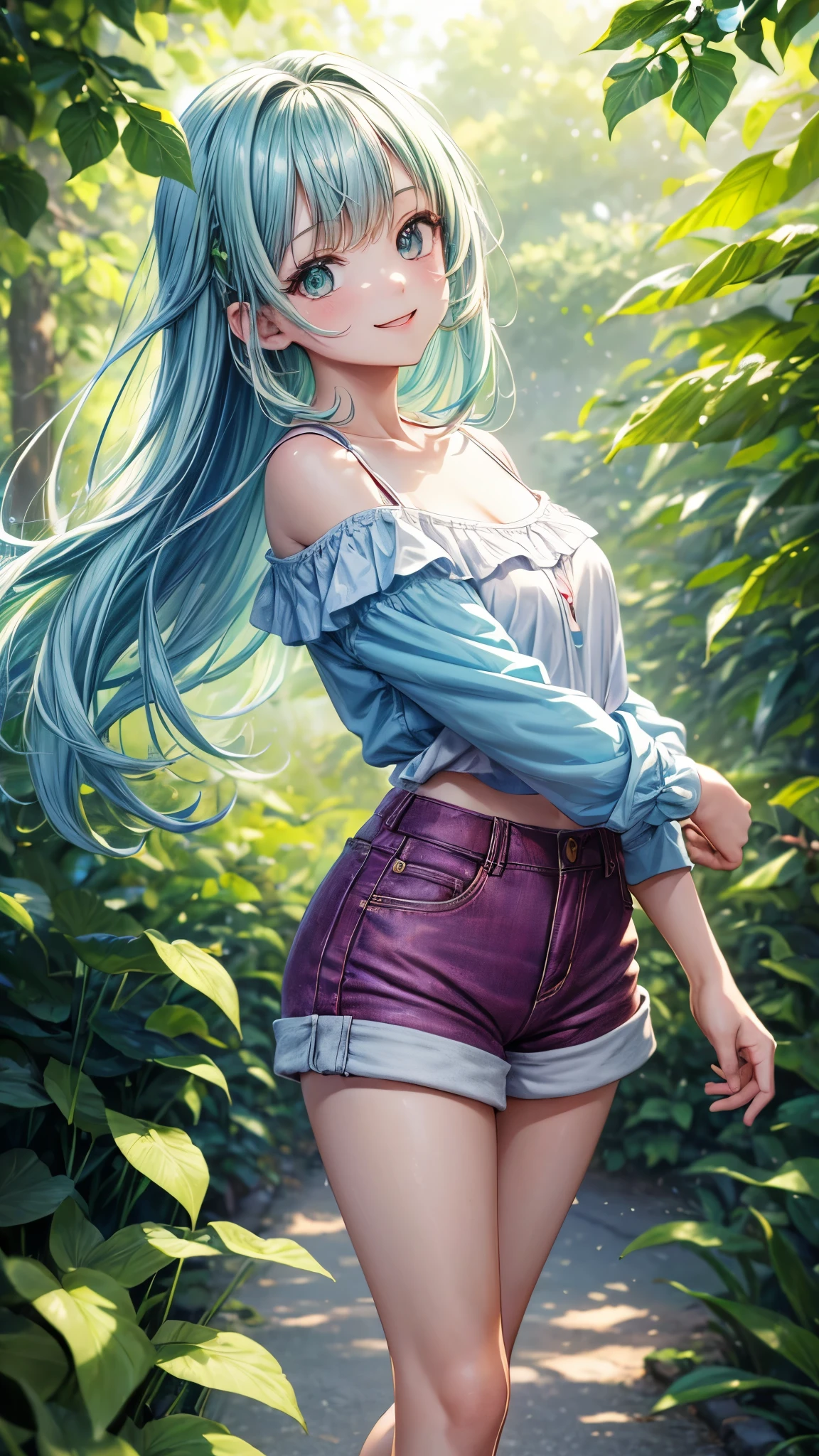 (highres,masterpiece:1.2),detailed,1_girl waifu,,wearing offtheshoulder shirt,mini shorts,portraits,anime style,vibrant colors,pastel color palette,warm lighting,blurred background,greenery in the background,breezy atmosphere,relaxed expression,bright eyes,happy smile,flowing hair,soft sunlight filtering through the leaves, walking