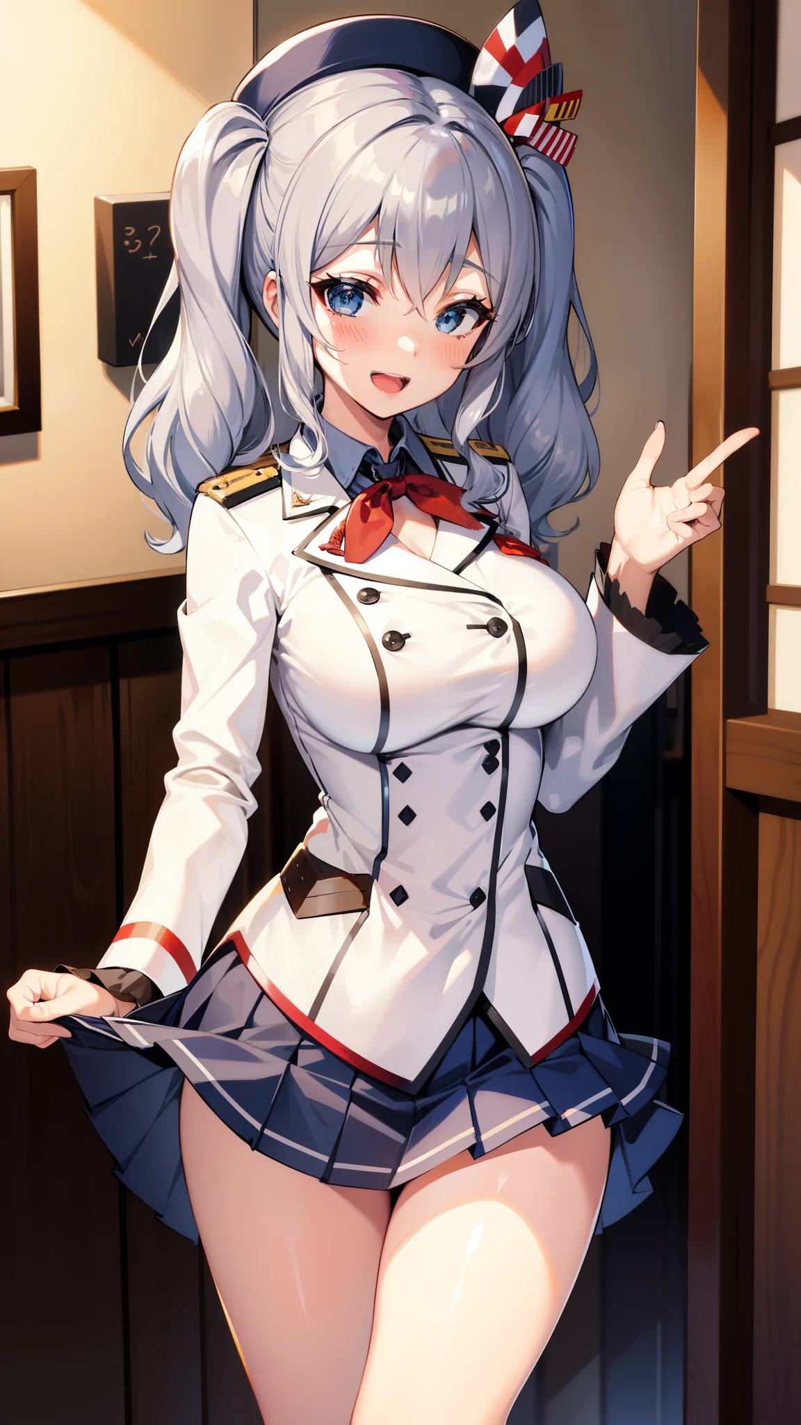 Open mouth, large breasts ,blue eyes,BTPT-FC,wide hips,smile,,wide hips,open mouth,wavy hair,solo,kashima,twintail,
silver hair,tsurime,kantai collection, smile,,wide hips, best quality,white jacket, military jacket, military uniform,gray skirt,pleated skirt,hat,standing,cowboy shot,room,red neck ribbon,frilled sleeves