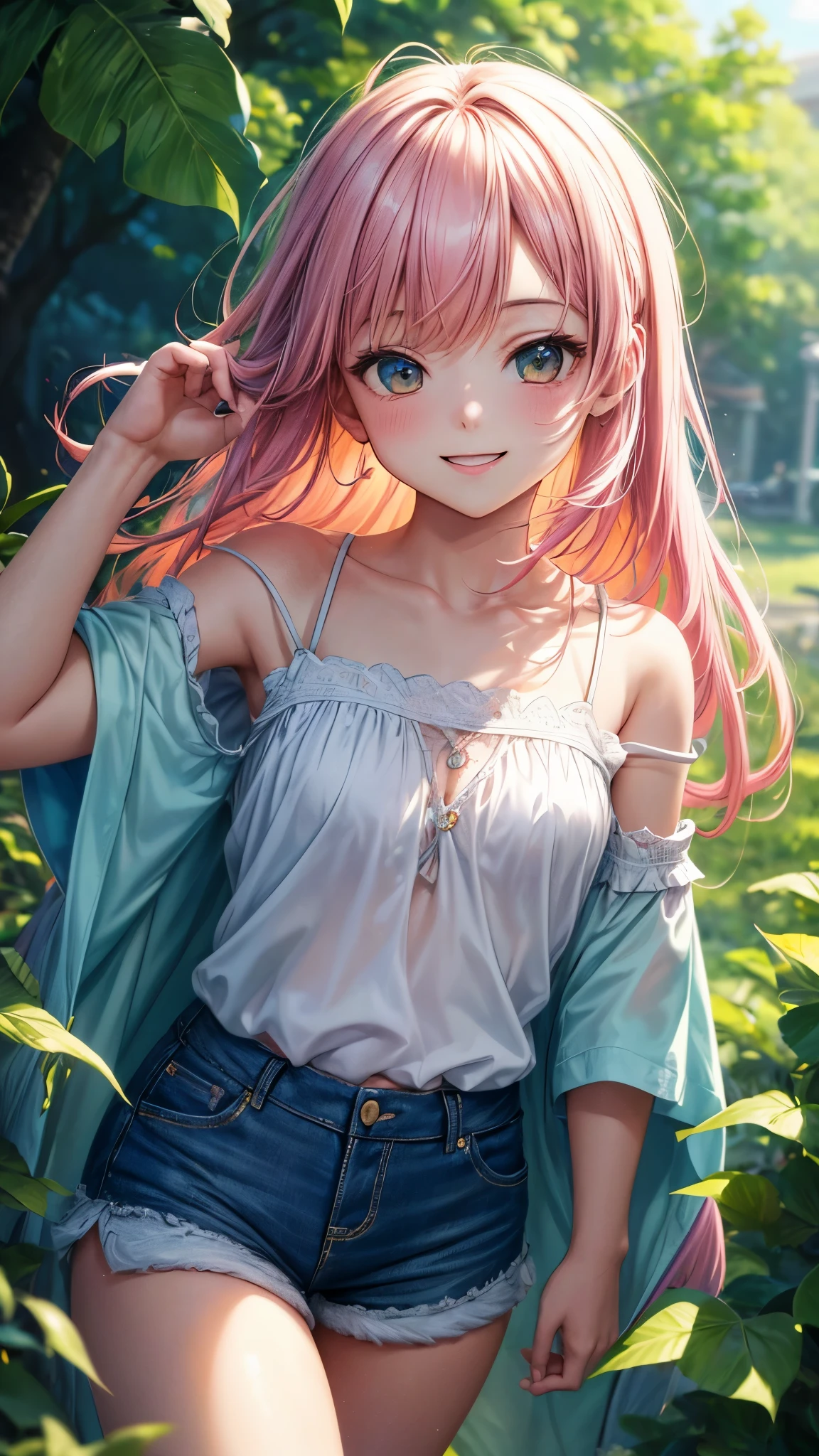 (highres,masterpiece:1.2),detailed,1_girl waifu,,wearing offtheshoulder shirt,mini shorts,portraits,anime style,vibrant colors,pastel color palette,warm lighting,blurred background,greenery in the background,breezy atmosphere,relaxed expression,bright eyes,happy smile,flowing hair,soft sunlight filtering through the leaves, walking
