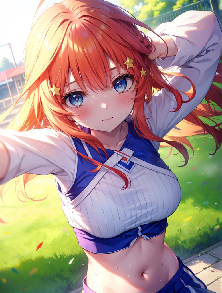Satsuki Nakano, Itsuki Nakano, bangs, blue eyes, hair between eyes, Ahoge, redhead, star \(symbol\), hair ornaments, star hair ornaments,smile,Braid,(Very delicate eyes), (cheer leading), (whole body), big breasts, Lower, (sweaty), sweaty Wet Clothes, (Yellow clothes), , navel support, playground, (jump), (jump), 足を曲げてjumpする, Aria, blue sky, Grass原, smileのチアリーダー, pom pom \(cheer leading\), Grass,
break outdoors, playground,
break (masterpiece:1.2), highest quality, High resolution, unity 8k wallpaper, (shape:0.8), (beautiful and detailed eyes:1.6), highly detailed face, perfect lighting, Very detailed CG, (perfect hands, perfect anatomy),
