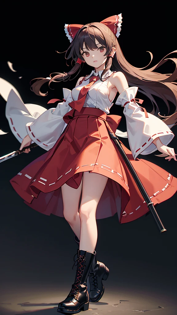 masterpiece, intricate details,highest quality, chromatic aberration, girl,floating, In combat,skirt, Reimu Hakurei,long hair, removed sleeve, tie,  boots, shirt, boots, skirt, No sleeve,skirt,whole body, No sleeve shirt,long hair, black shoes, big breasts,very long exorcism stick, background：air,