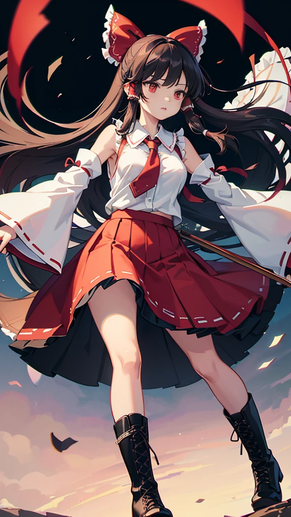 masterpiece, intricate details,highest quality, chromatic aberration, girl,floating, In combat,skirt, Reimu Hakurei,long hair, removed sleeve, tie, boots, shirt, boots, skirt, No sleeve,skirt,whole body, No sleeve shirt,long hair, black shoes, big breasts,very long exorcism stick, background:air,