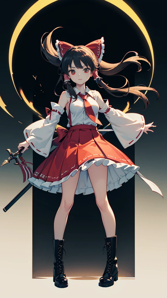 masterpiece, intricate details,highest quality, chromatic aberration, girl,floating, In combat,skirt, Reimu Hakurei,long hair, removed sleeve, tie, boots, shirt, boots, skirt, No sleeve,skirt,whole body, No sleeve shirt,long hair, black shoes, big breasts,very long exorcism stick, background:air,