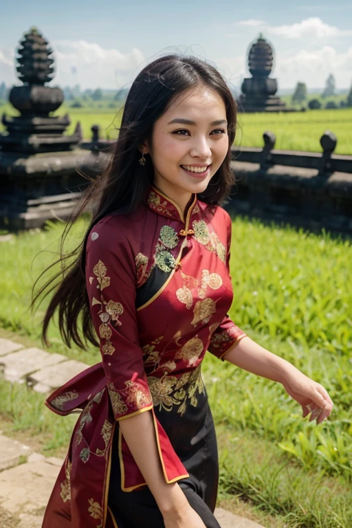 1girl, long black hair, brown eyes, wearing chinese red Cheongsam, in beautiful green bali field, near prambanan temple, high res, ultrasharp, 8K, masterpiece, laughing, happy, joy, feel free, running, look at the sky
