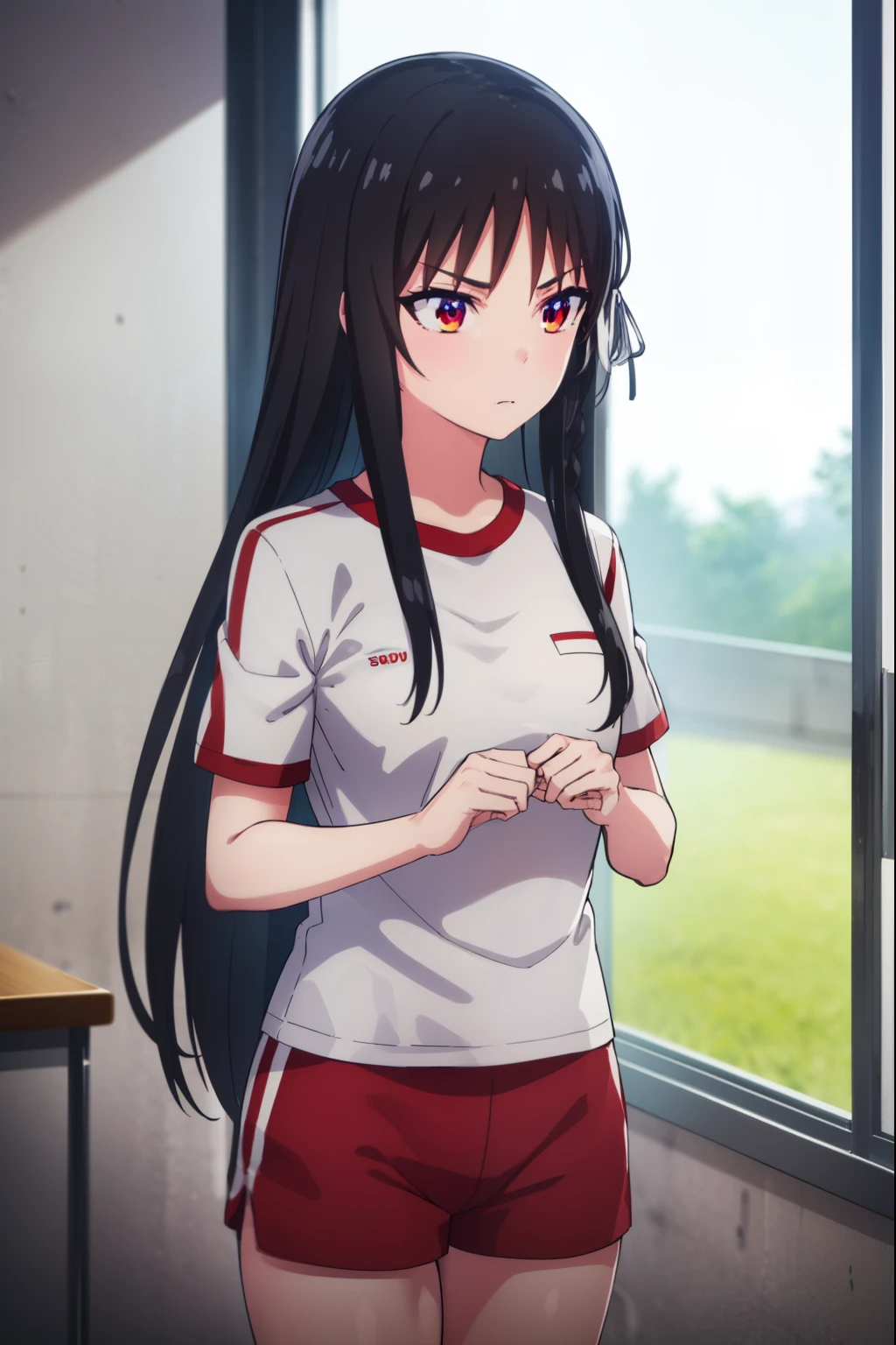 suzunehorikita, suzune horikita, long hair, black hair, (red eyes:1.3), hair ribbon, braid,
BREAK shirt, white shirt, short sleeves, shorts, gym uniform, red shorts, gym shirt, gym shorts,
BREAK indoors, classroom,
BREAK looking at viewer, (cowboy shot:1.5),
BREAK (masterpiece:1.2), best quality, high resolution, unity 8k wallpaper, (illustration:0.8), (beautiful detailed eyes:1.6), extremely detailed face, perfect lighting, extremely detailed CG, (perfect hands, perfect anatomy),