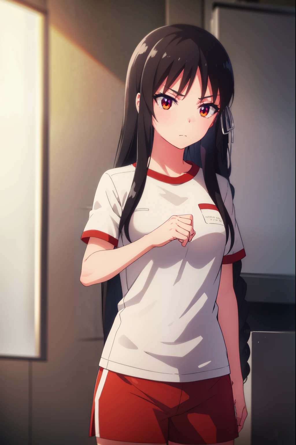 suzunehorikita, suzune horikita, long hair, black hair, (red eyes:1.3), hair ribbon, braid,
BREAK shirt, white shirt, short sleeves, shorts, gym uniform, red shorts, gym shirt, gym shorts,
BREAK indoors, classroom,
BREAK looking at viewer, (cowboy shot:1.5),
BREAK (masterpiece:1.2), best quality, high resolution, unity 8k wallpaper, (illustration:0.8), (beautiful detailed eyes:1.6), extremely detailed face, perfect lighting, extremely detailed CG, (perfect hands, perfect anatomy),