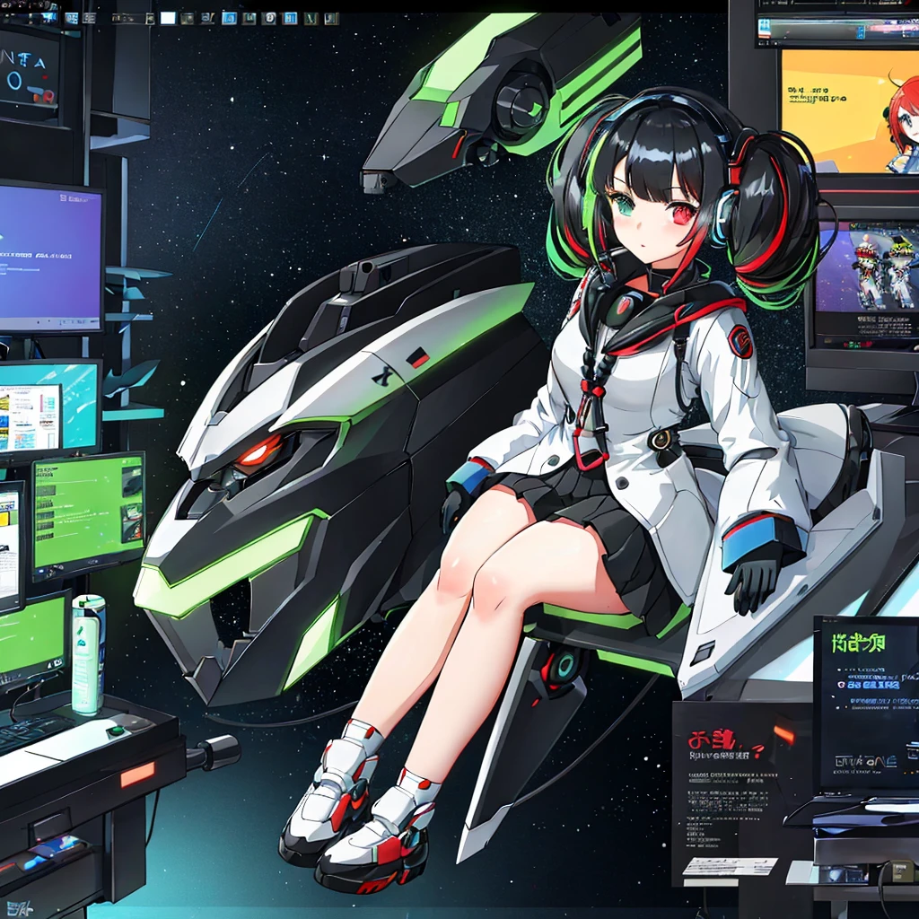 cute girl in cyberspace, hyperspace, hacking a futuristic computer network, hackingui, user interface, hud, red and black , perfect hair, perfect face, Heterochromia, multicolored hair, computer screen, screen, behind screen, {{braid}}, short hair, headphones, headset, twintails, mecha, mecha musume, mechanical body, mechanical arms,