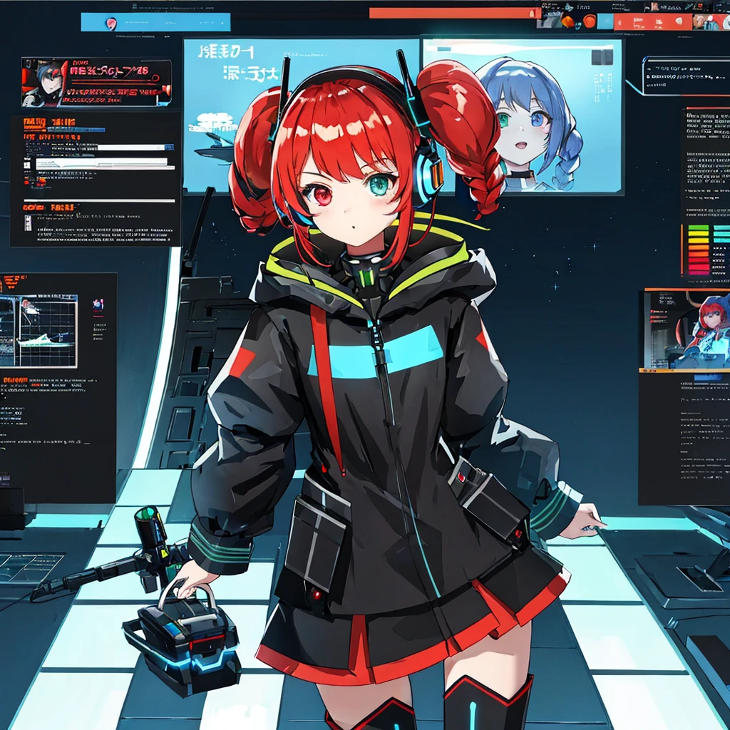 cute girl in cyberspace, hyperspace, hacking a futuristic computer network, hackingui, user interface, hud, red and black , perfect hair, perfect face, Heterochromia, multicolored hair, computer screen, screen, behind screen, {{braid}}, short hair, headphones, headset, twintails, mecha, mecha musume, mechanical body, mechanical arms,   