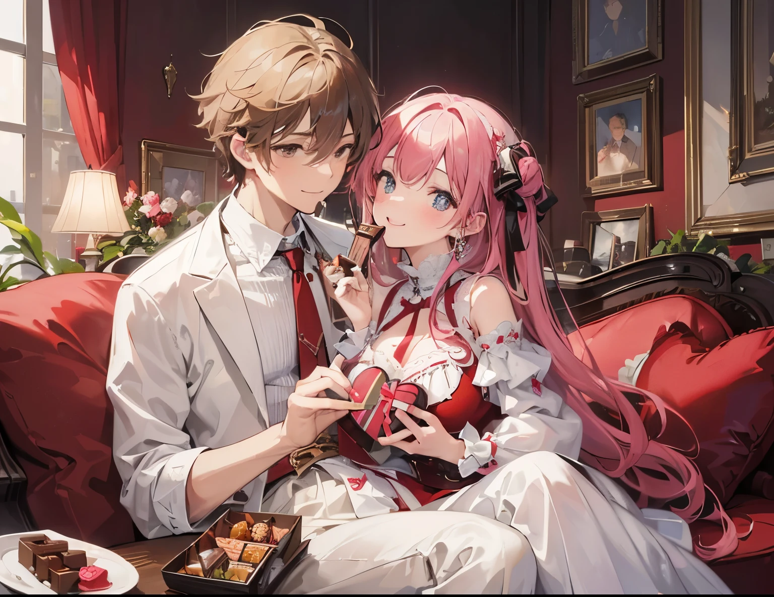 ((Best quality, A high resolution, Masterpiece:1.2)), (Romantic) ,(Happy smile),(Clear facial features),(Couple portrait) a woman feed a chocolate to a man's mouth, holding a gift box with a heart, Romantic, Valentine, landscape