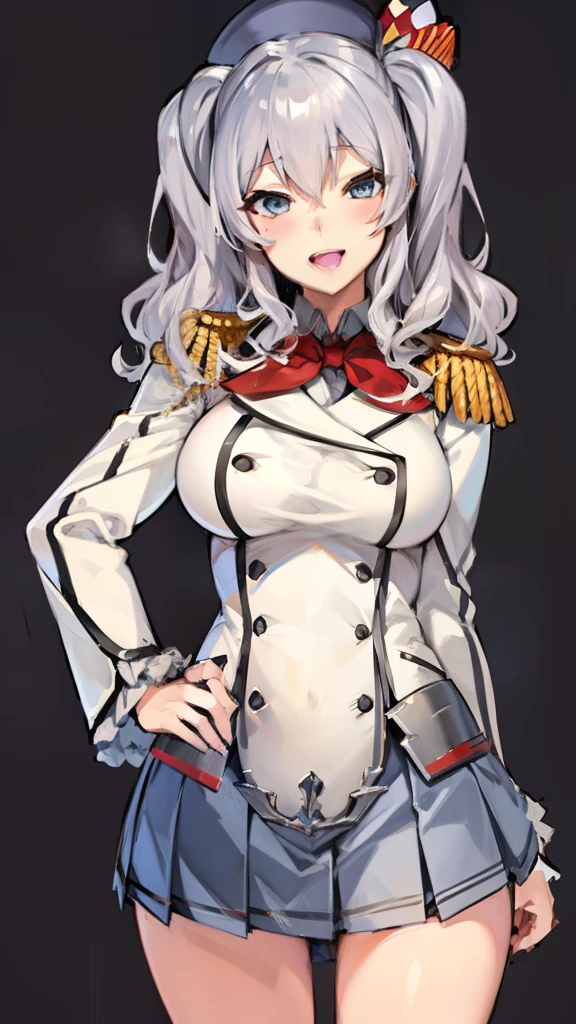 Open mouth, large breasts ,blue eyes,BTPT-FC,wide hips,smile,,wide hips,open mouth,wavy hair,solo,kashima,twintail,
silver hair,tsurime,kantai collection, smile,,wide hips, best quality,white jacket, military jacket, military uniform,gray skirt,pleated skirt,hat,standing,cowboy shot,room,neck ribbon,frilled sleeves