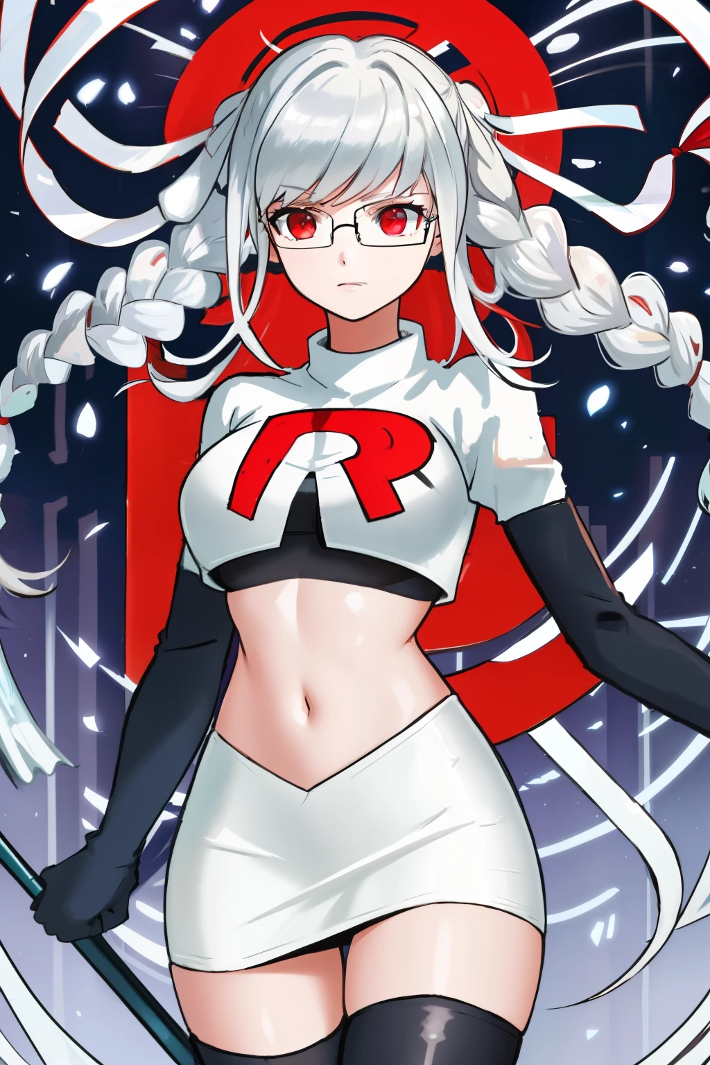 1girl, breasts, cowboy shot, floating hair, glasses, hair ribbon, large breasts, shiny, shiny hair, solo, white ribbon, team rocket,team rocket uniform,white skirt,red letter R,crop top,black thigh-highs,black elbow gloves