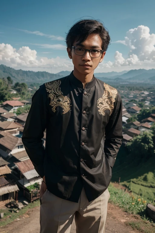 1boy, glasses, malay sumatera traditional clothes, candid, black eyes, in the top of the hill, standing, looking at the village in the  valey, camera drone, high res, ultrasharp, 8K, masterpiece