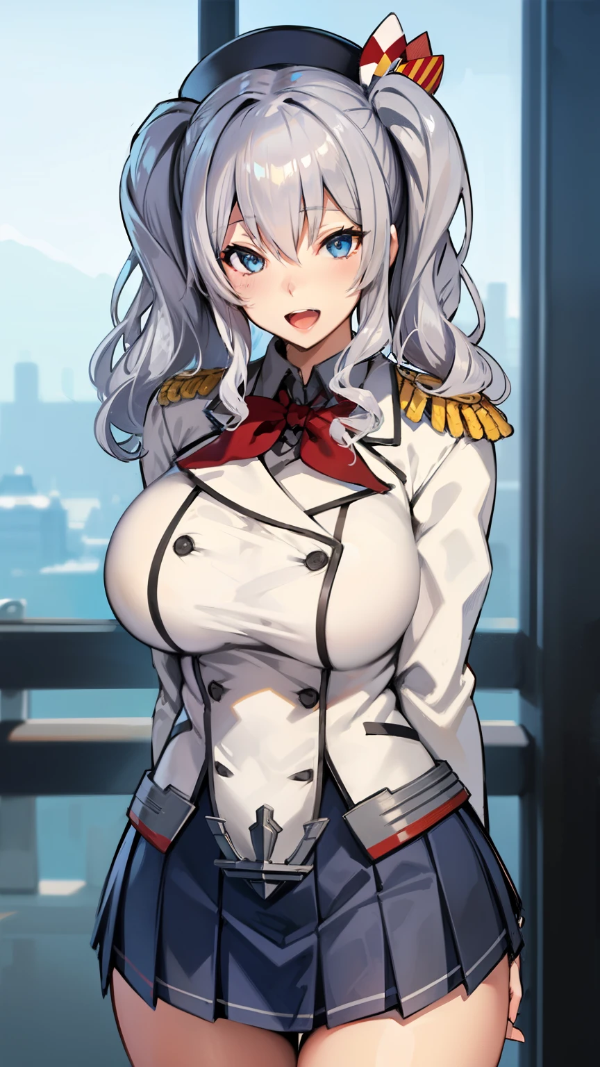 Open mouth, large breasts ,blue eyes,BTPT-FC,wide hips,smile,,wide hips,open mouth,wavy hair,solo,kashima,twintail,
silver hair,tsurime,kantai collection, smile,,wide hips, best quality,white jacket, military jacket, military uniform,gray skirt,pleated skirt,hat,standing,cowboy shot,room,neck ribbon,frilled sleeves