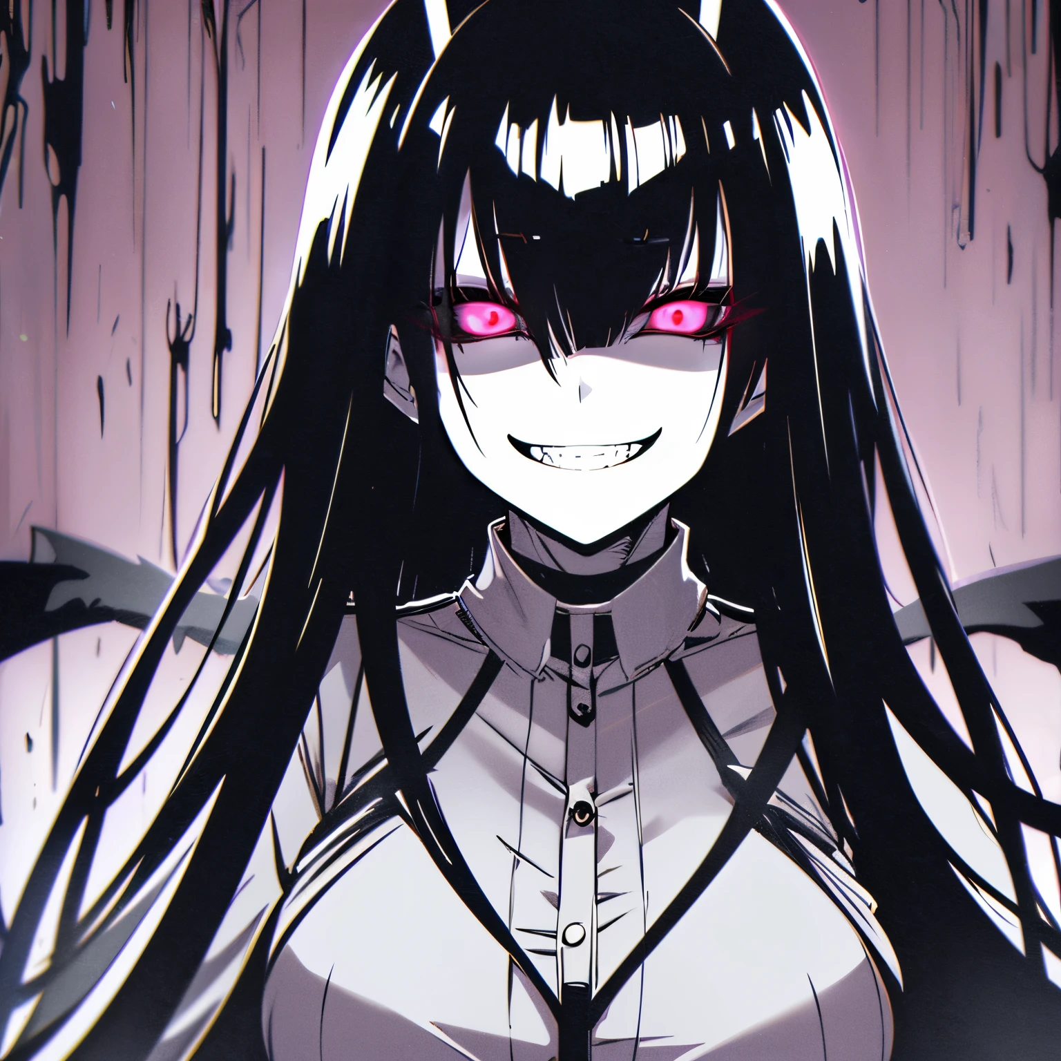 monochrome, anime girl with black hair, [[[[grinning evily]]]], gapmoe yandere grimdark, horror manga, grinning lasciviously, malevolent smile, uncanny smile, horror smile, creepy smile, horrifying grin. horror, evil grin, evil smirk, unsettling grin, teasing smile