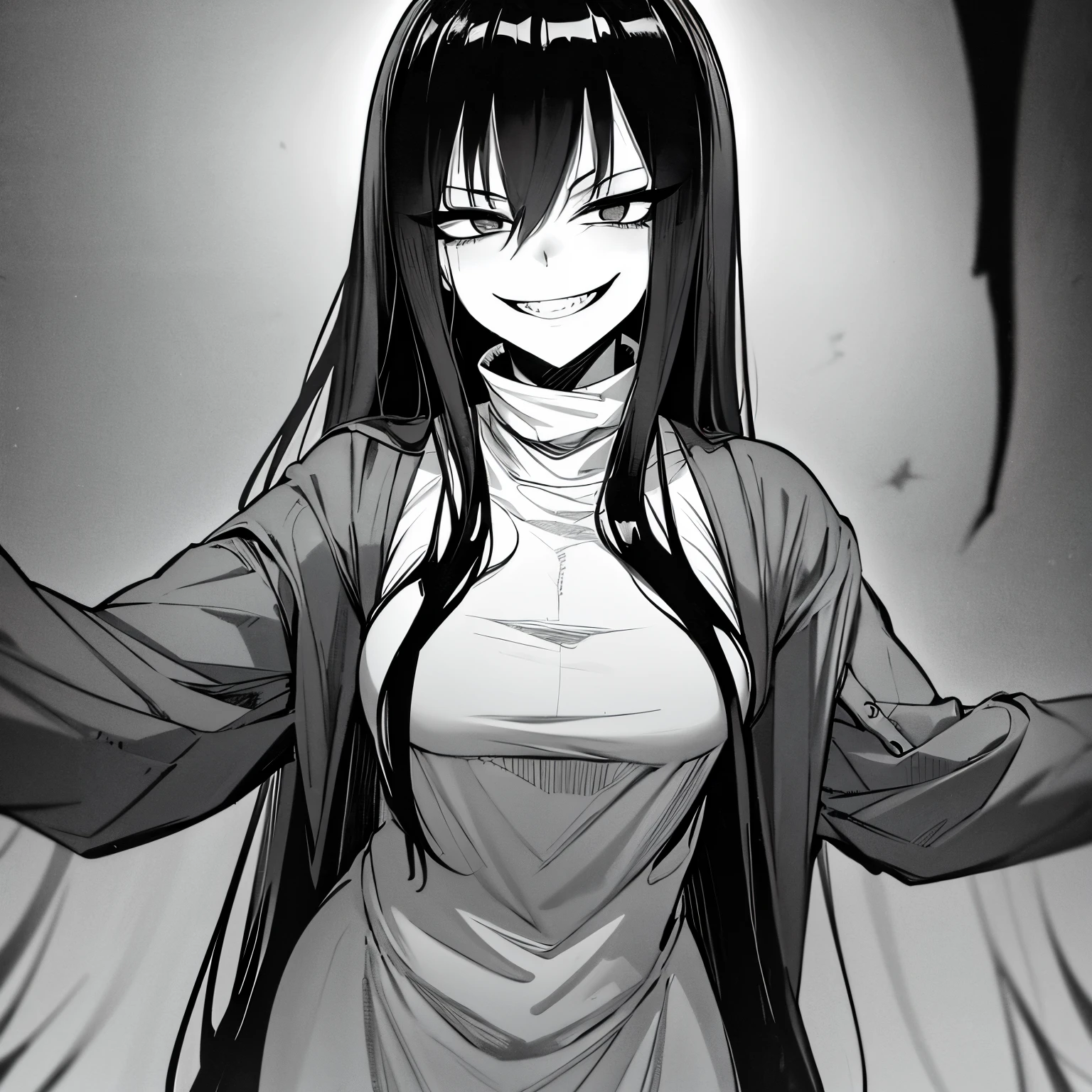 monochrome, line art, pencil art, black and white, manga girl with black hair, [[[[grinning evily]]]], gapmoe yandere grimdark, horror manga, grinning lasciviously, malevolent smile, uncanny smile, horror smile, creepy smile, horrifying grin. horror, evil grin, evil smirk, unsettling grin, teasing smile