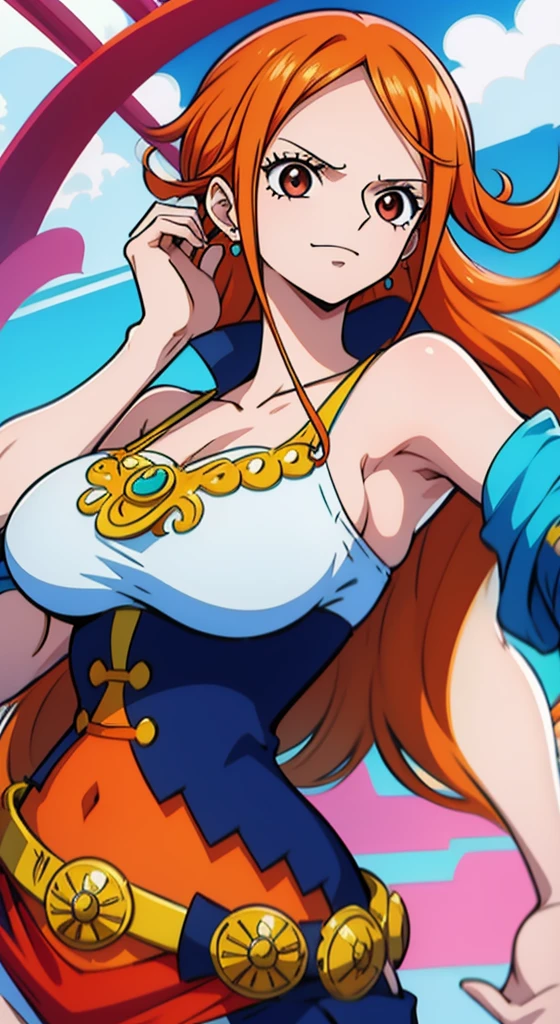 Generar una imagen realista de estilo anime de Nami de One Piece. Captura su apariencia distintiva con cabello naranja, una camisa, and a cheerful expression. Make sure the picture reflects your adventurous and confident personality as shown in the anime.., cuerpo completo, Plano amplio ,  Curvy athletic body, Antecedentes de la isla,top de sujetador, falda, ojos naranjas, ojos naranjas, armpits