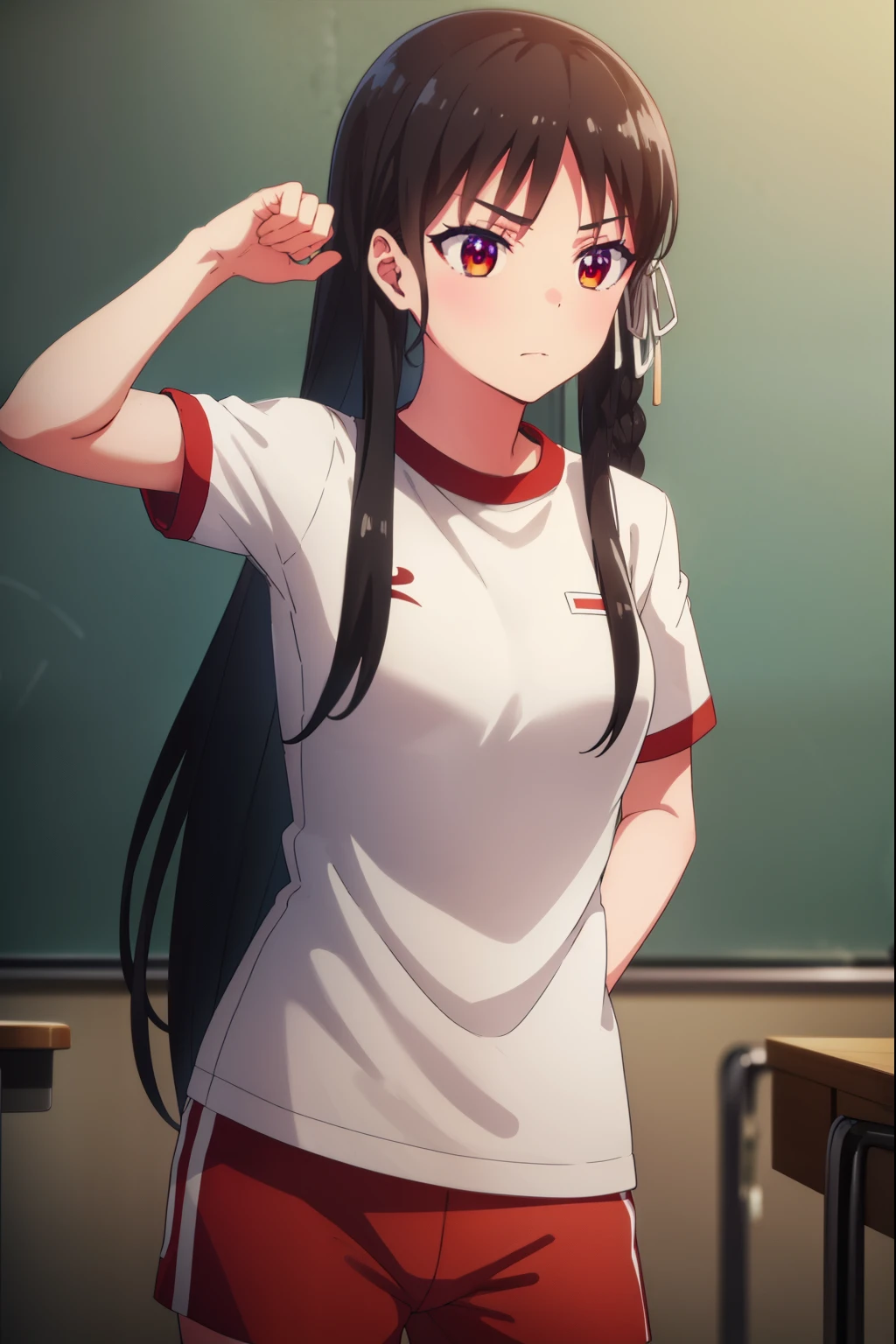 suzunehorikita, suzune horikita, long hair, black hair, (red eyes:1.3), hair ribbon, braid,
BREAK shirt, white shirt, short sleeves, shorts, gym uniform, red shorts, gym shirt, gym shorts,
BREAK indoors, classroom,
BREAK looking at viewer, (cowboy shot:1.5),
BREAK (masterpiece:1.2), best quality, high resolution, unity 8k wallpaper, (illustration:0.8), (beautiful detailed eyes:1.6), extremely detailed face, perfect lighting, extremely detailed CG, (perfect hands, perfect anatomy),