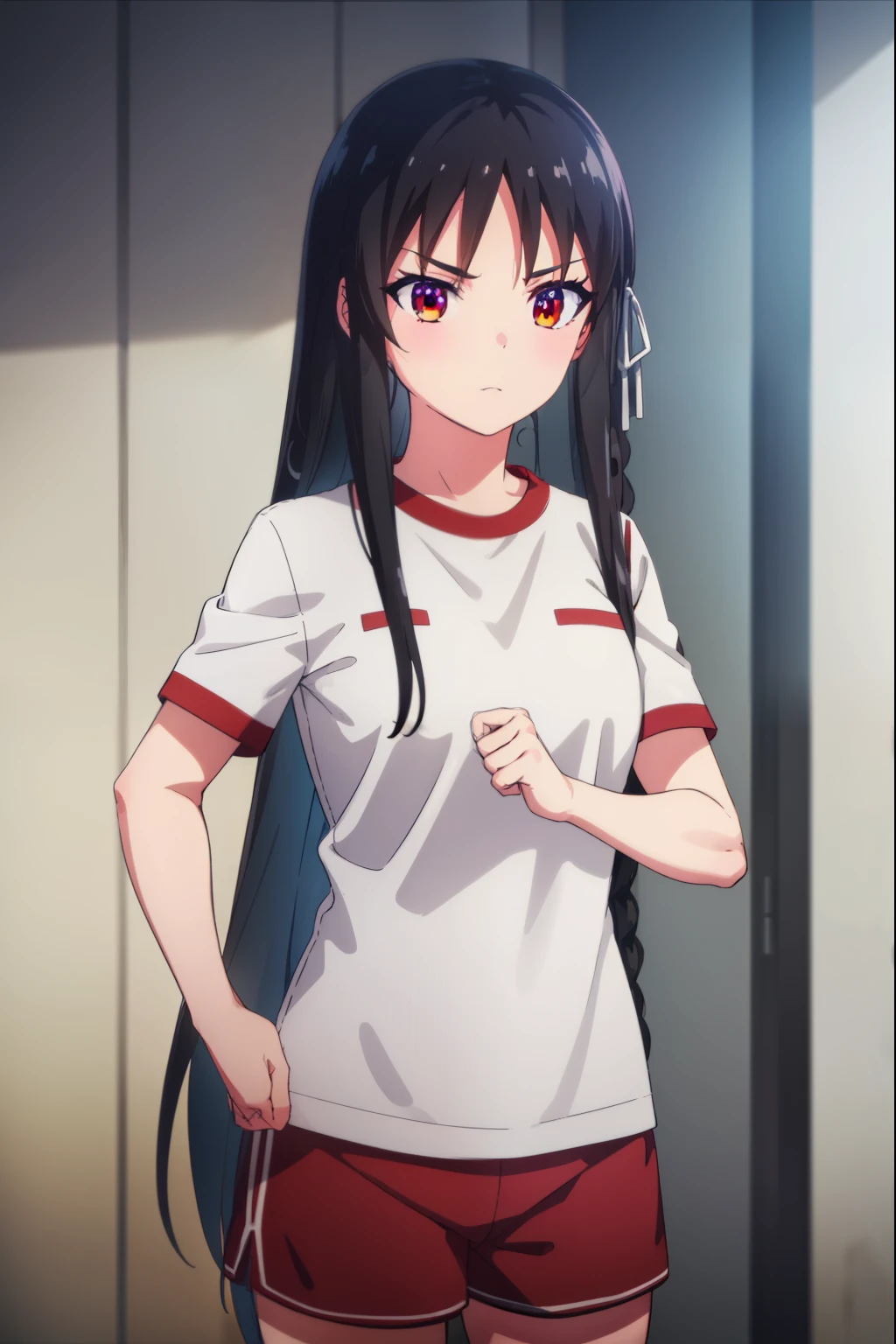suzunehorikita, suzune horikita, long hair, black hair, (red eyes:1.3), hair ribbon, braid,
BREAK shirt, white shirt, short sleeves, shorts, gym uniform, red shorts, gym shirt, gym shorts,
BREAK indoors, classroom,
BREAK looking at viewer, (cowboy shot:1.5),
BREAK (masterpiece:1.2), best quality, high resolution, unity 8k wallpaper, (illustration:0.8), (beautiful detailed eyes:1.6), extremely detailed face, perfect lighting, extremely detailed CG, (perfect hands, perfect anatomy),