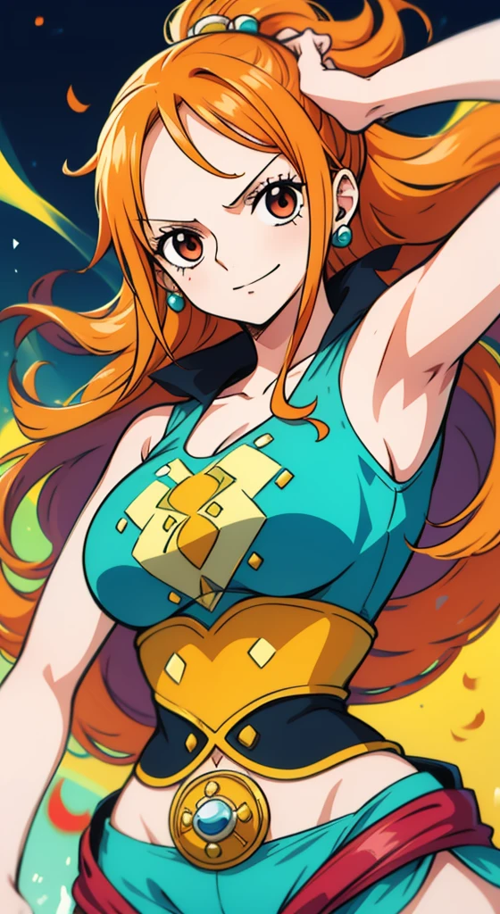 Generar una imagen realista de estilo anime de Nami de One Piece. Captura su apariencia distintiva con cabello naranja, una camisa, and a cheerful expression. Make sure the picture reflects your adventurous and confident personality as shown in the anime.., cuerpo completo, Plano amplio , Curvy athletic body, Antecedentes de la isla,top de sujetador, falda, ojos naranjas, ojos naranjas, armpits