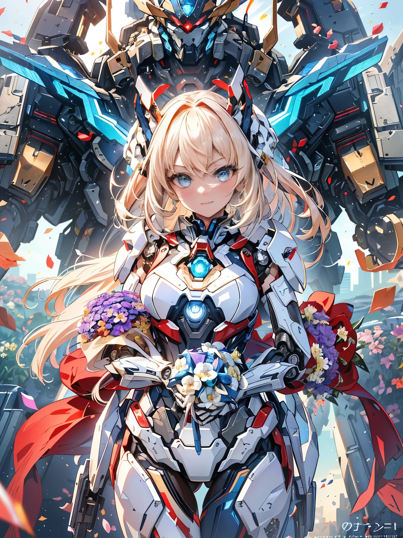masterpiece,highest quality,super detailed,very detailedイラスト,very detailed,intricate details,High resolution,超intricate details,very detailed 8k cg wallpaper,cowboy shot, caustics,reflection,ray tracing,demo theme,nebula,(Brave hero based on red, blue and white)、Combined robot image、cyber effect, (1 girl:1.4),alone,alone,mecha musume,mechanical parts, robot joints,single mechanical arm, headgear, mechanical harrow,Star Halo,complex mechanical bodysuit, mech corset, full armor, hair between eyes, golden hair, colored inner hair, Blue eyes,glowing eyes,(Holding a bouquet filled with beautiful flowers、give me a present:1.5)eye trail, random expression,random action, Japan architecture, starry sky,skyline,