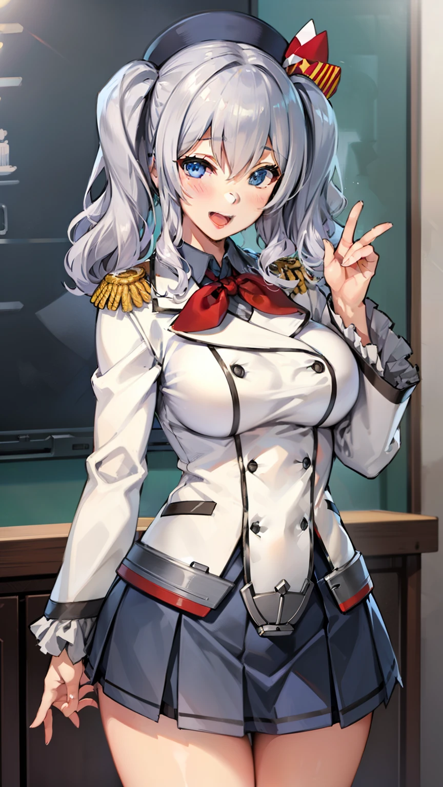 Open mouth, large breasts ,blue eyes,BTPT-FC,wide hips,smile,,wide hips,open mouth,wavy hair,solo,kashima,twintail,
silver hair,tsurime,kantai collection, smile,,wide hips, best quality,white jacket, military jacket, military uniform,gray skirt,pleated skirt,hat,standing,cowboy shot,room,neck ribbon,frilled sleeves