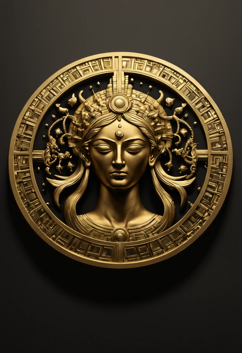 
Crie uma moeda, black and golden background, com um rosto de perfil central e coroado, simbolizando riqueza e prosperidade. Incorpore elementos que lembrem o universo de uma cripto moeda, como o rosto de uma divindade, adornada com uma coroa. Emphasize the serene and powerful presence of a deity. Use thin and delicate strokes, detalhes e sombras complexos para criar esta logo marca que seja realista e cativante. Considere incorporar sutilmente dicas de tecnologia blockchain, moeda virtual, cripto moeda, para simbolizar a riqueza e a conectividade modernas. Make sure the logo exudes elegance and prestige, making it instantly recognizable and memorable and having the currency symbol, The dollar sign $
