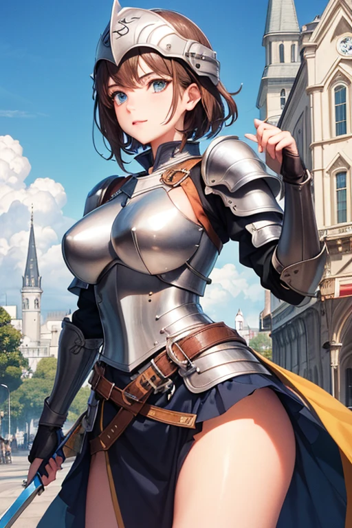 cloud, day,outdoors, standing in front of a castle , holding a sword in her hand, (helmet:1.3),(armor),(breastplate),(skirt_armor),(silver_BRA),a helmet on her head,armored_boots, (Blue_eyes),(brown_hair),(short_hair), (hair_Bun),(Bangs), 1 girl, 20yo,Young female,Beautiful Finger,Beautiful long legs,Beautiful body,Beautiful Nose,Beautiful character design, perfect eyes, perfect face,expressive eyes, looking at viewer, From_Center, From_front,full_body, official art,extremely detailed CG unity 8k wallpaper, perfect lighting,Colorful, Bright_Front_face_Lighting,shiny skin, (masterpiece:1.0),(best_quality:1.0), ultra high res,4K,ultra-detailed, photography, 8K, HDR, highres, absurdres:1.2, Kodak portra 400, film grain, blurry background, bokeh:1.2, lens flare, (vibrant_color:1.2) (Beautiful,large_Breasts:1.4), (beautiful_face:1.5),(narrow_waist),