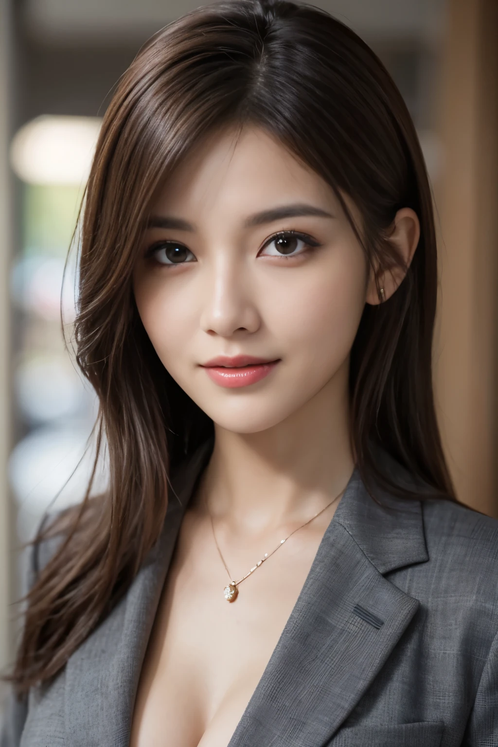 master piece, highest quality, photorealistic, Super detailed, Attention to detail, High resolution, 8k wallpaper, one beautiful woman,, light brown messy hair, wearing a business suit, sharp focus, perfect dynamic composition, beautiful detailed eyes, detailed hair, Detailed realistic skin texture, smile, close up portrait, model body shape