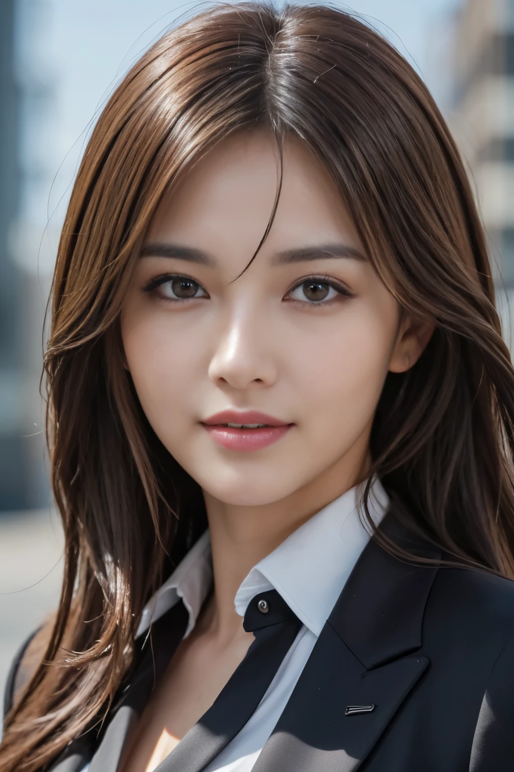 master piece, highest quality, photorealistic, Super detailed, Attention to detail, High resolution, 8k wallpaper, one beautiful woman,, light brown messy hair, wearing a business suit, sharp focus, perfect dynamic composition, beautiful detailed eyes, detailed hair, Detailed realistic skin texture, smile, close up portrait, model body shape