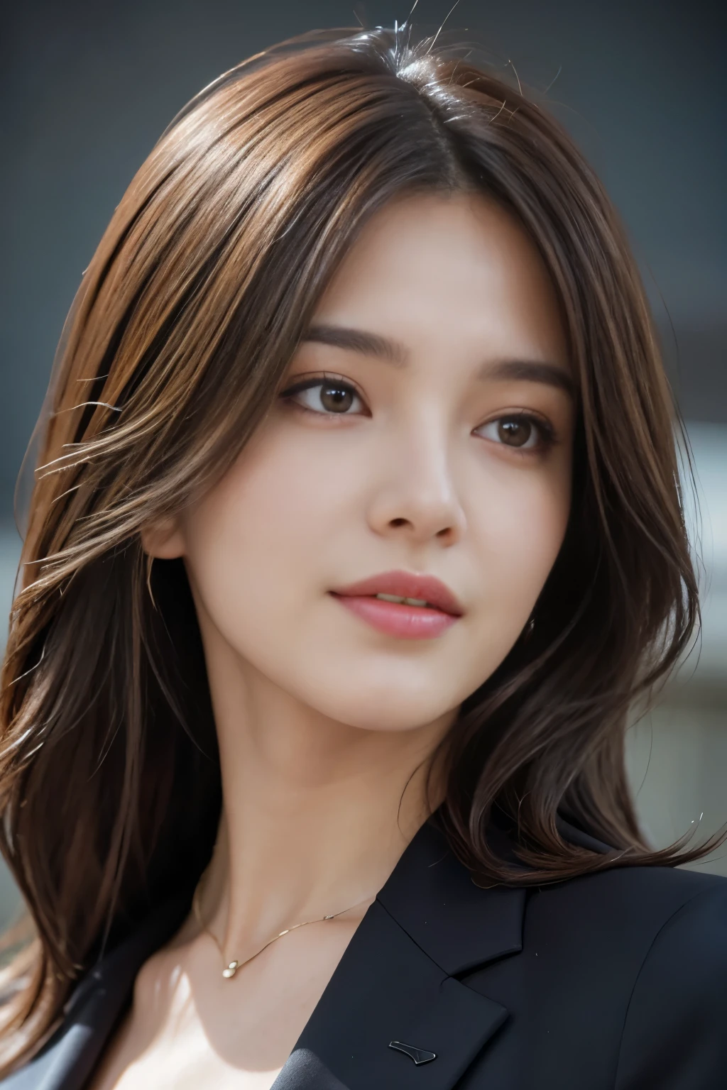 master piece, highest quality, photorealistic, Super detailed, Attention to detail, High resolution, 8k wallpaper, one beautiful woman,, light brown messy hair, wearing a business suit, sharp focus, perfect dynamic composition, beautiful detailed eyes, detailed hair, Detailed realistic skin texture, smile, close up portrait, model body shape