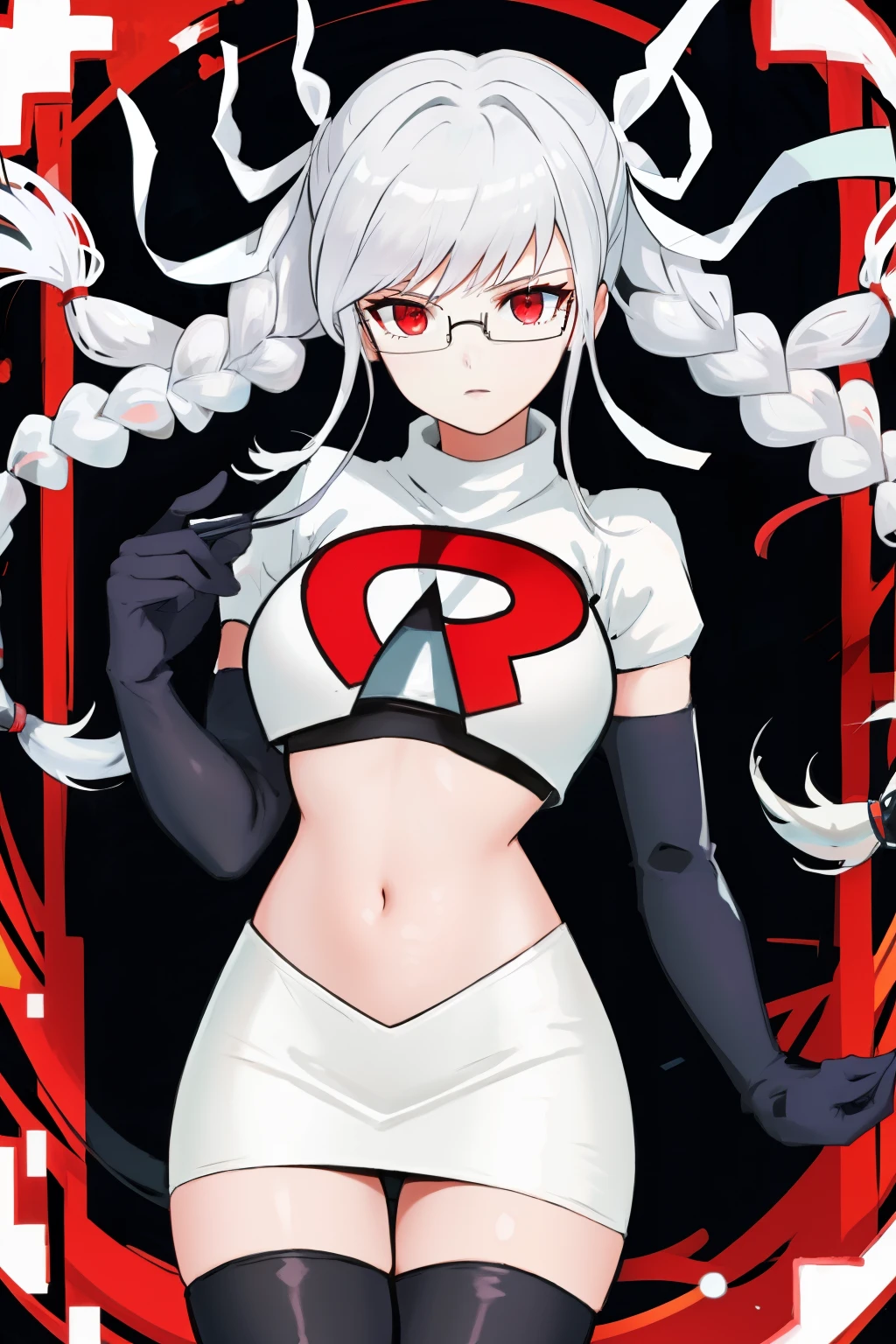 1girl, breasts, cowboy shot, floating hair, glasses, hair ribbon, large breasts, shiny, shiny hair, solo, white ribbon, team rocket,team rocket uniform,white skirt,red letter R,crop top,black thigh-highs,black elbow gloves