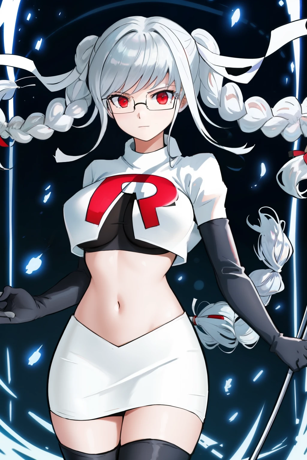 1girl, breasts, cowboy shot, floating hair, glasses, hair ribbon, large breasts, shiny, shiny hair, solo, white ribbon, team rocket,team rocket uniform,white skirt,red letter R,crop top,black thigh-highs,black elbow gloves