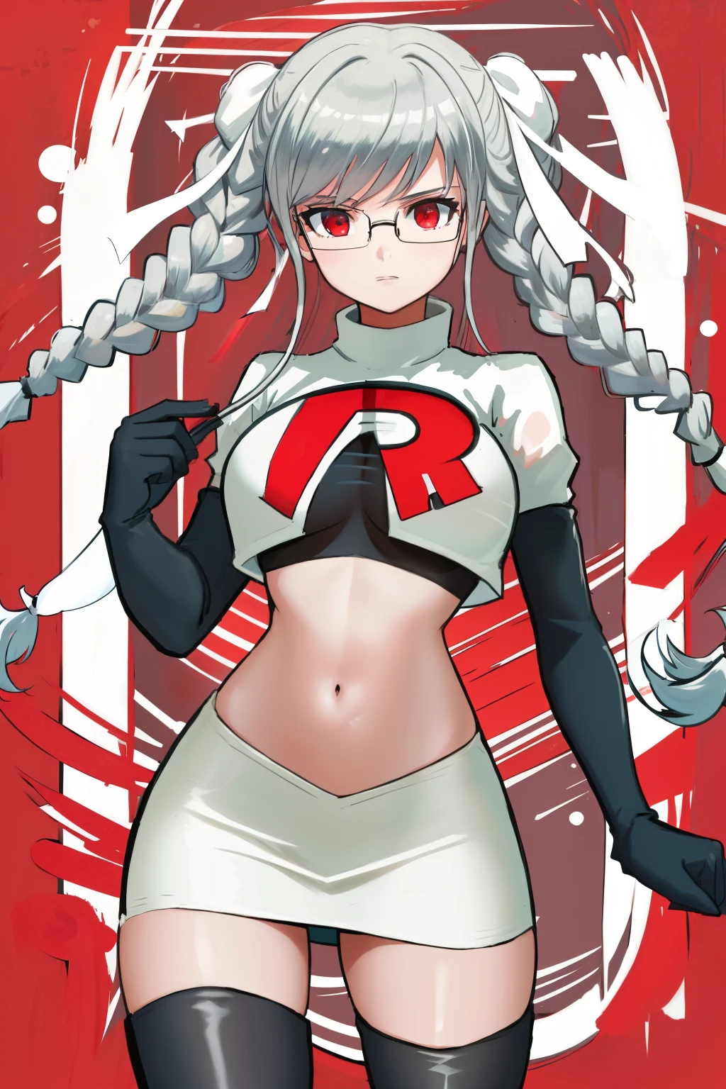 1girl, breasts, cowboy shot, floating hair, glasses, hair ribbon, large breasts, shiny, shiny hair, solo, white ribbon, team rocket,team rocket uniform,white skirt,red letter R,crop top,black thigh-highs,black elbow gloves