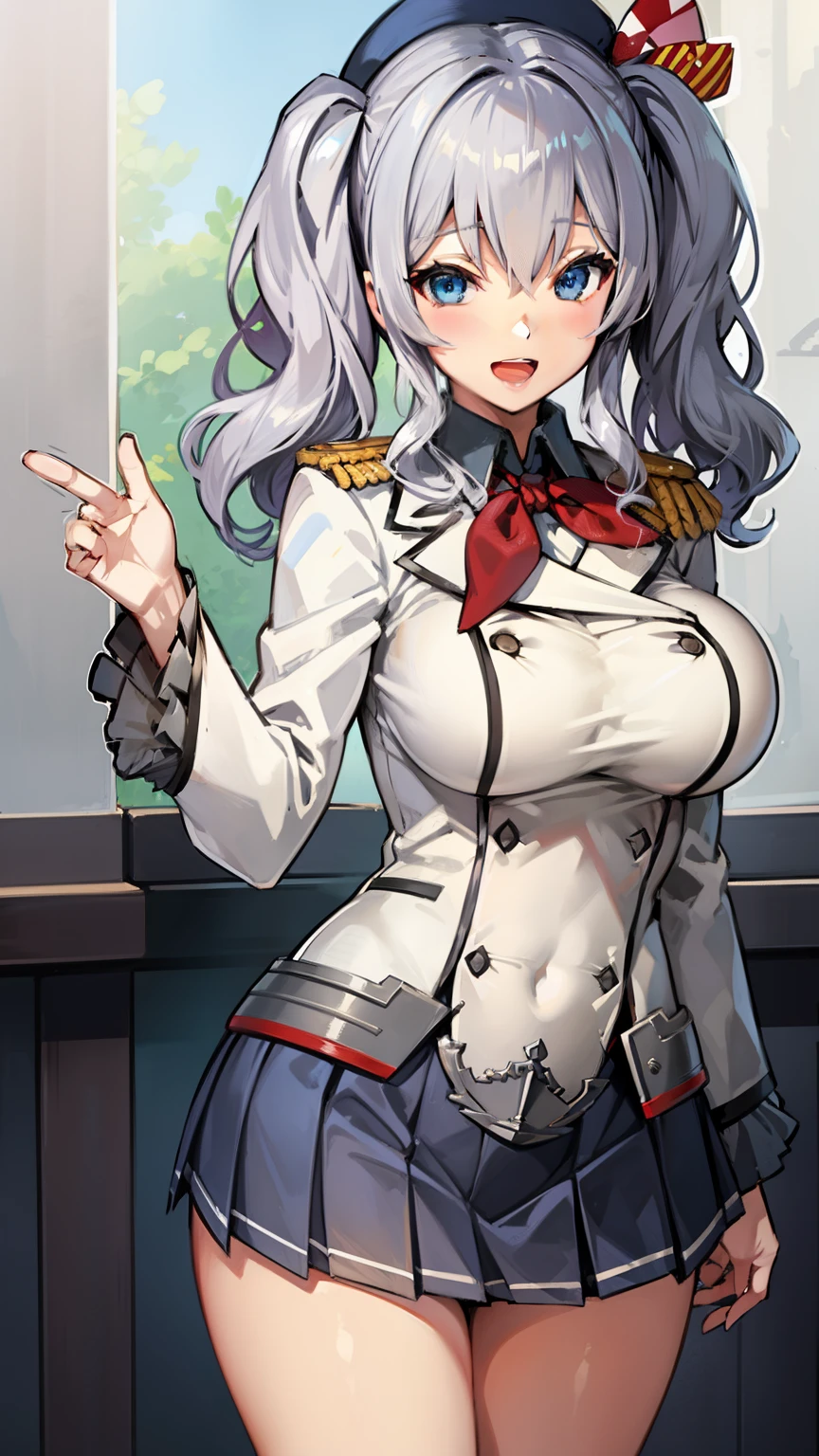 Open mouth, large breasts ,blue eyes,BTPT-FC,wide hips,smile,,wide hips,open mouth,wavy hair,solo,kashima,twintail,
silver hair,tsurime,kantai collection, smile,,wide hips, best quality,white jacket, military jacket, military uniform,gray skirt,pleated skirt,hat,standing,cowboy shot,room,neck ribbon,frilled sleeves