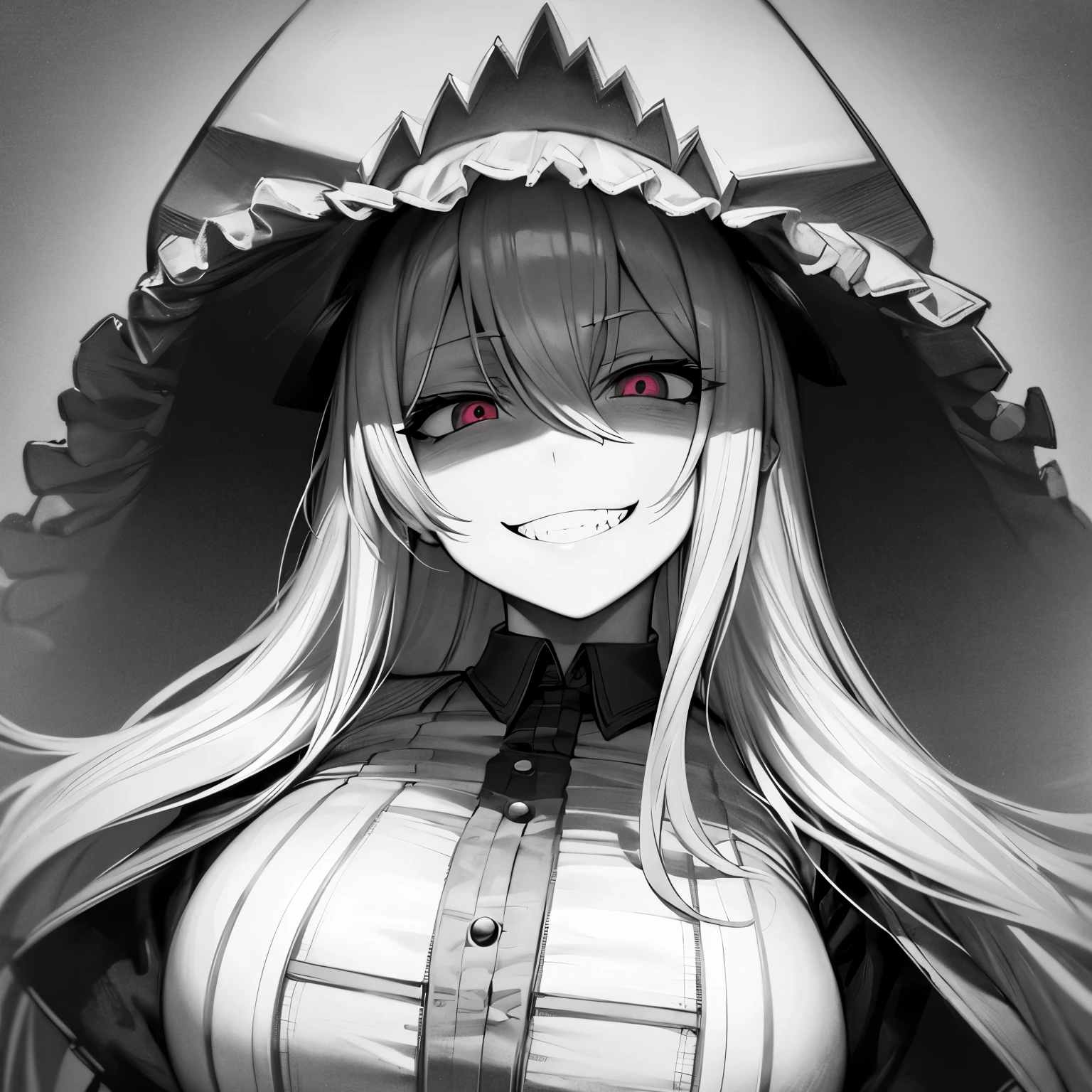 rough sketch, line art, pencil art, manga girl with blonde hair, bad mood, jitome, [[[[grinning evily]]]], gapmoe yandere grimdark, horror manga, grinning lasciviously, malevolent smile, uncanny smile, horror smile, creepy smile, horrifying grin. horror, evil grin, evil smirk, unsettling grin, teasing smile, huge-mouth