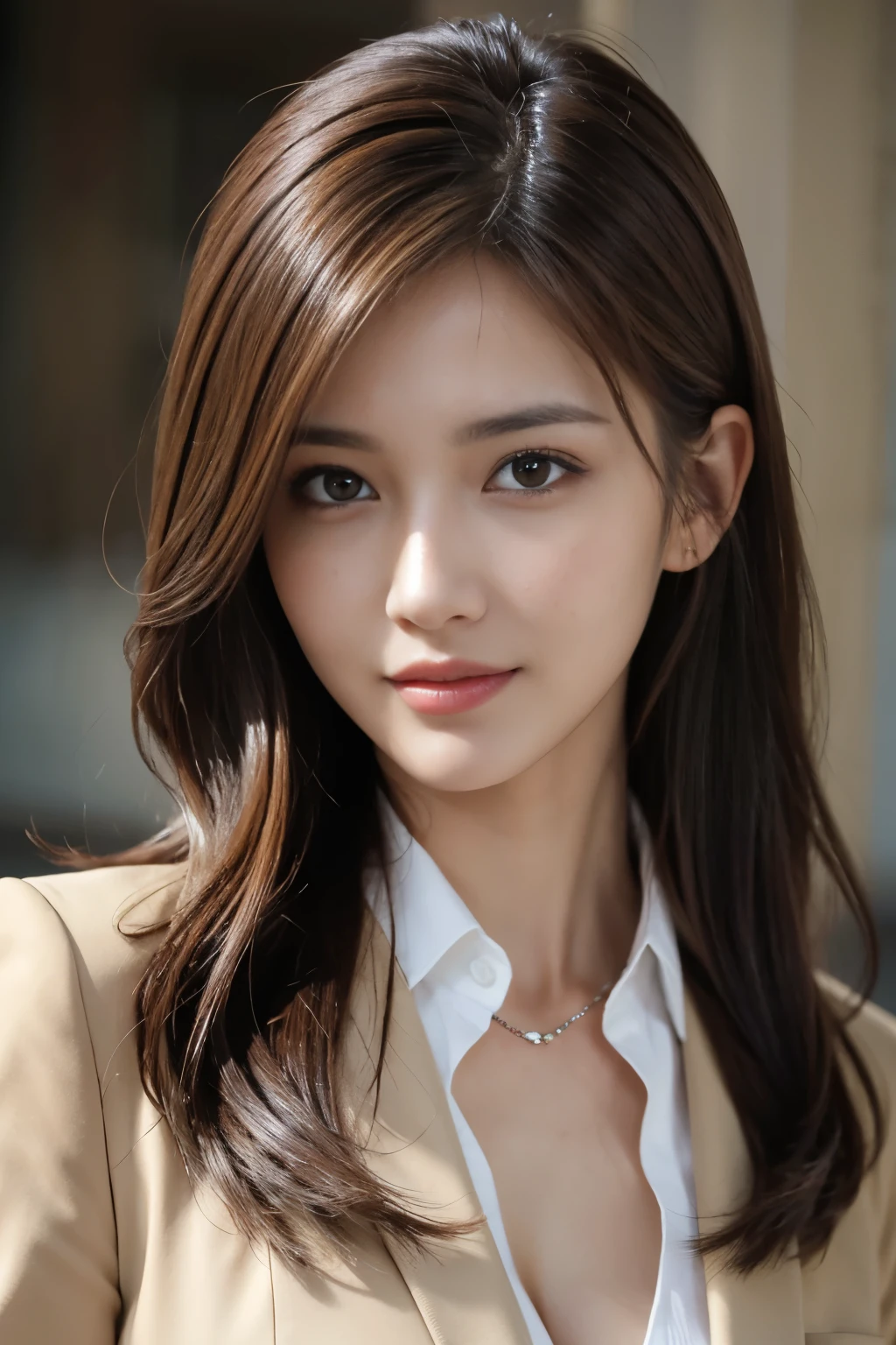 master piece, highest quality, photorealistic, Super detailed, Attention to detail, High resolution, 8k wallpaper, one beautiful woman,, light brown messy hair, wearing a business suit, sharp focus, perfect dynamic composition, beautiful detailed eyes, detailed hair, Detailed realistic skin texture, smile, close up portrait, model body shape