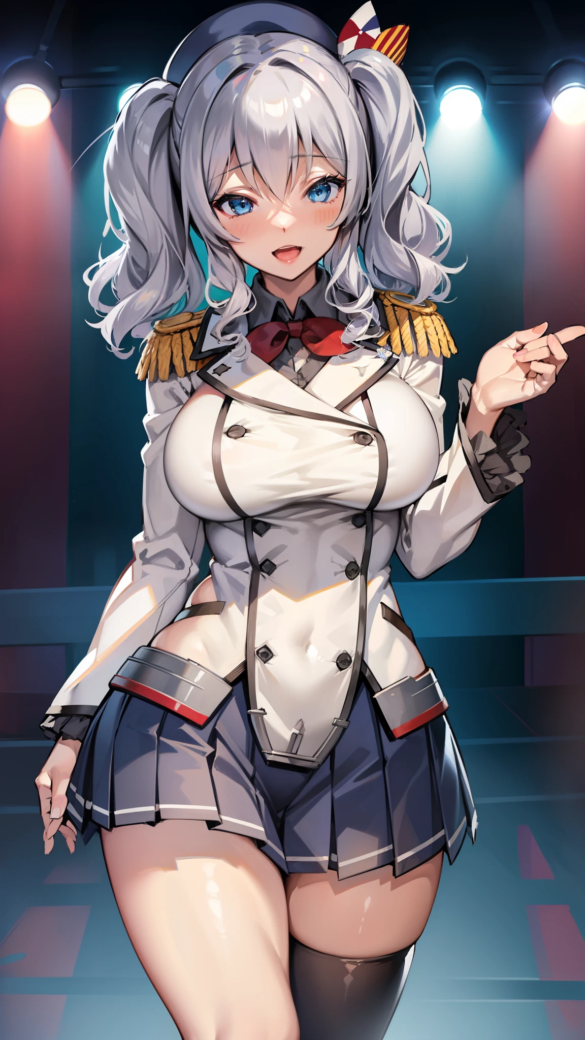 Open mouth, large breasts ,blue eyes,BTPT-FC,wide hips,smile,,wide hips,open mouth,wavy hair,solo,kashima,twintail,
silver hair,tsurime,kantai collection, smile,,wide hips, best quality,white jacket, military jacket, military uniform,gray skirt,pleated skirt,hat,standing,cowboy shot,room,neck ribbon,frilled sleeves