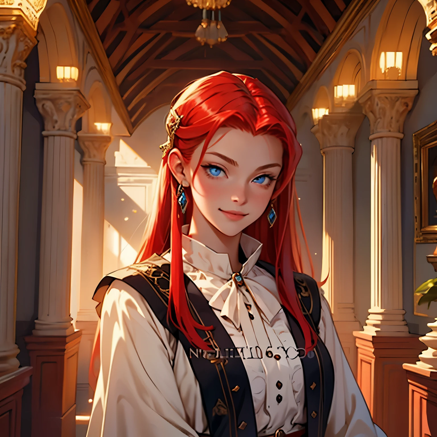 A girl with red hair and blue eyes, wearing noble clothes, with a gentle smile, in a Palace environment. (Fifteen years:1.8), [vibrant colors], [oil painting], [detailed background], [soft lighting], [high resolution], [elegant atmosphere], [beautifully detailed eyes], [beautifully detailed lips], [long eyelashes]