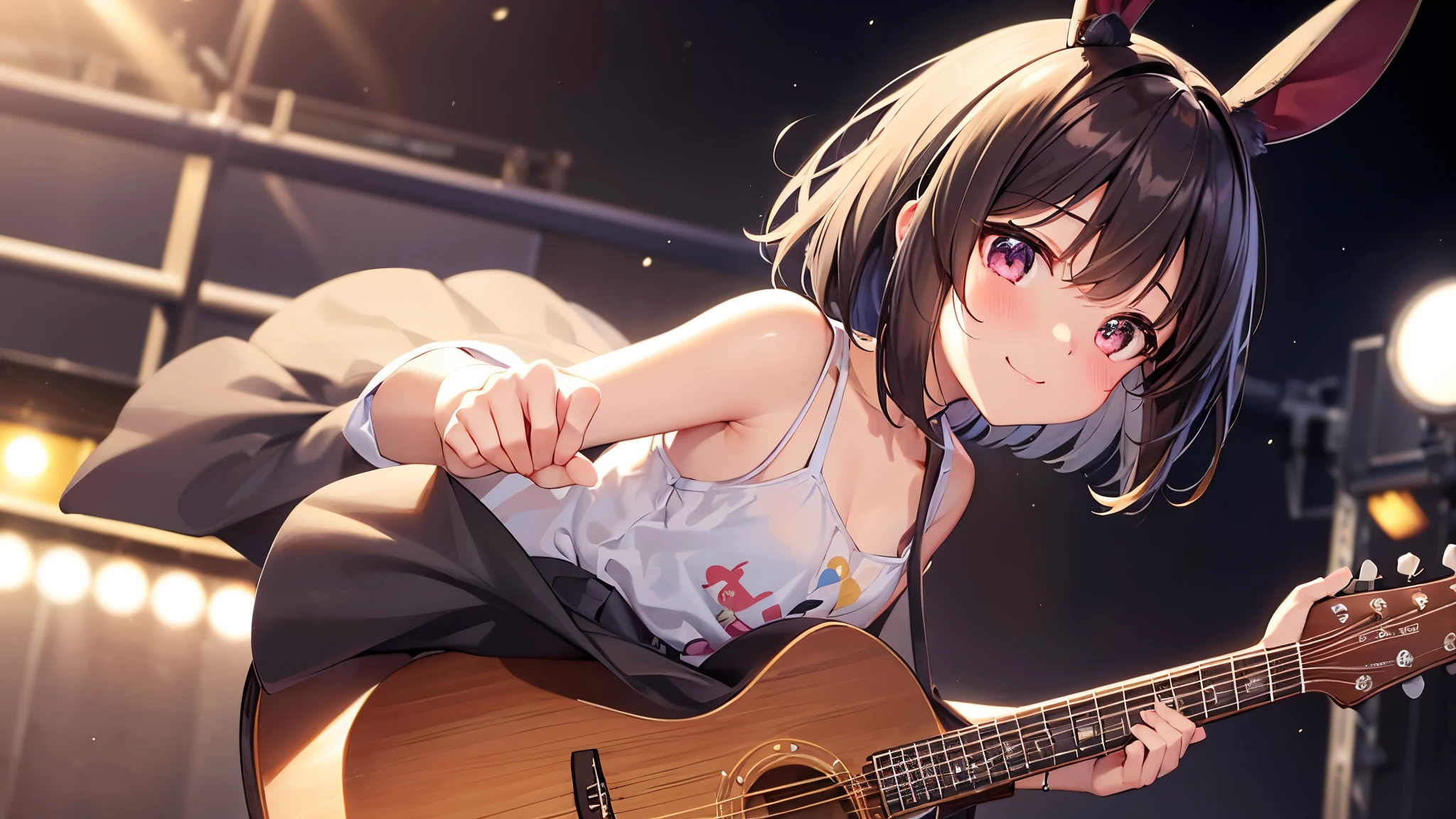 very cute girl、dark brown hair、bob cut、short hair、Violet eyes、smile、Crystal clear white skin、((masterpiece、highest quality))、1girl、Sweat、droplet、blush、solo、black skirt、Brown eyes、エレキguitar、guitar、Keep、ピックをKeep、musical instrument、music、Single-sided up、 guitarを弾く, pleated skirt, (white tank top), microphone、sing、(black bunny ears)、outdoor stage、golden time light、bokeh perspective、detail、movie light lamp light、複雑なdetail、High resolution、 Detailed facial feature design、High data、clear focus、smoothness、aesthetics、Print、octane rendering、Audience perspective、golden time light、bokeh perspective、detail、movie light lamp light、複雑なdetail、High resolution、 Detailed facial feature design、High data、clear focus、smoothness、aesthetics、Print、octane rendering、{{masterpiece}}