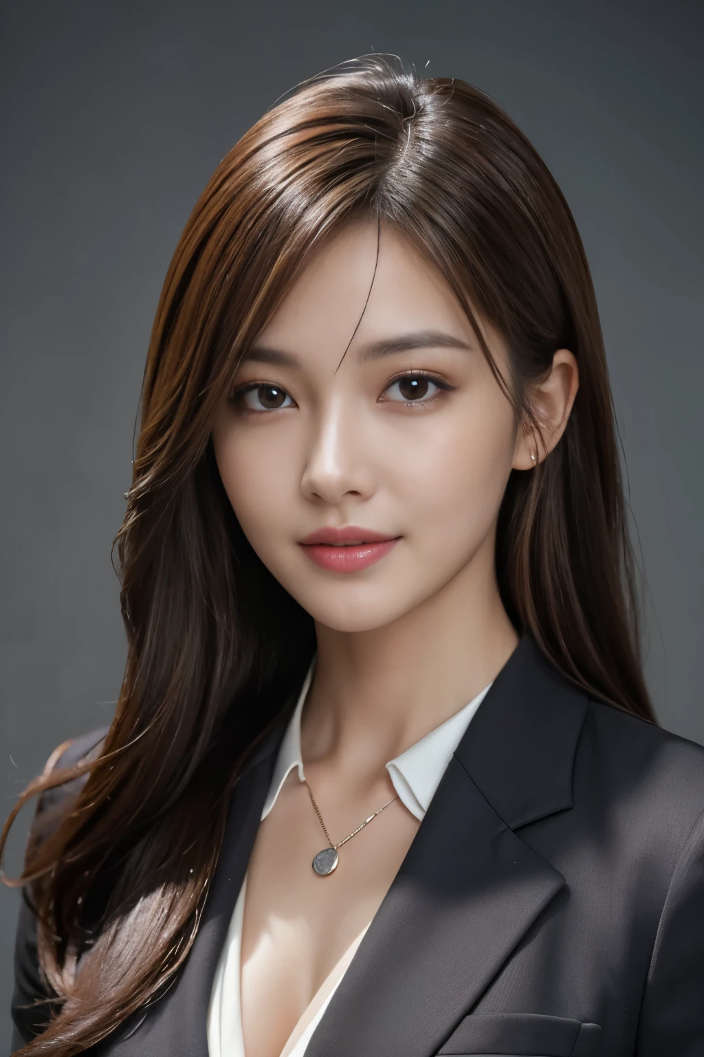 master piece, highest quality, photorealistic, Super detailed, Attention to detail, High resolution, 8k wallpaper, one beautiful woman,, light brown messy hair, wearing a business suit, sharp focus, perfect dynamic composition, beautiful detailed eyes, detailed hair, Detailed realistic skin texture, smile, close up portrait, model body shape