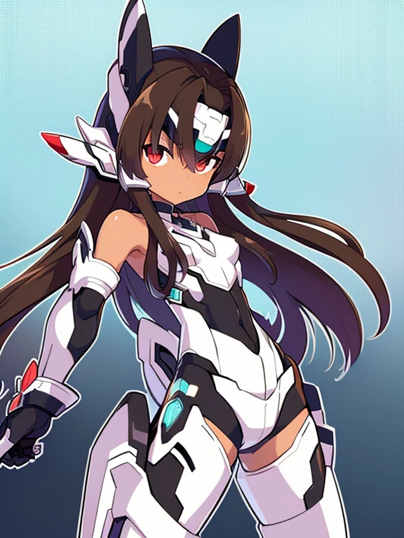 Masterpiece, best quality, highres, amazing quality, superior quality, xenosaga, Hyperdimension Neptunia, no game no life, flat chested, (male), (8  boy), (shota), (Dark skin), cute, red eyes, Short dark brown hair, black headgear, black fullbodysuit, black gauntlets, black powersuit, white mecha thigh armoured attachment, black leggings, close up, 