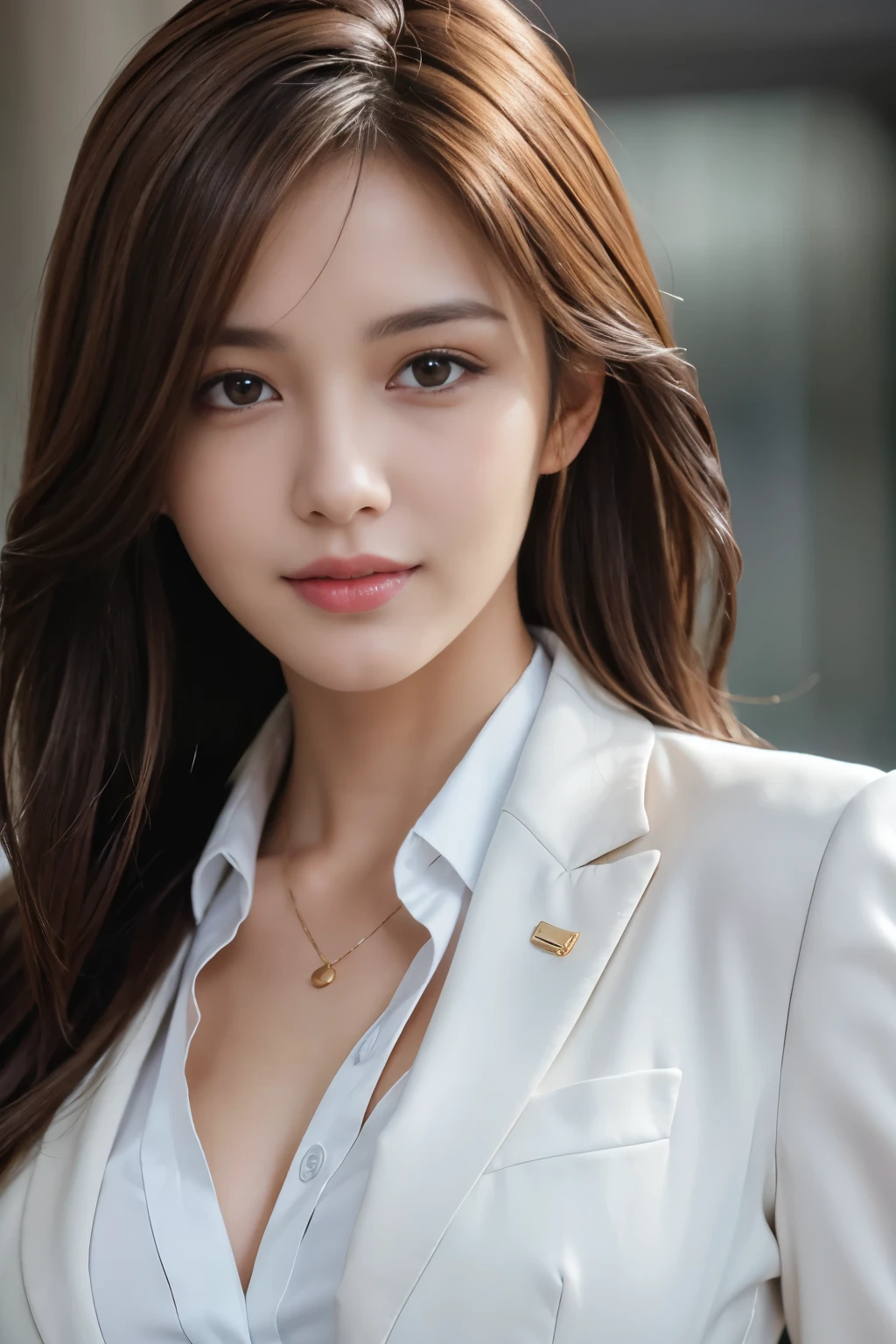 table top, highest quality, realistic, Super detailed, finely, High resolution, 8k wallpaper, 1 beautiful woman,, light brown messy hair, wearing a business suit, sharp focus, perfect dynamic composition, beautiful and detailed eyes, thin hair, Detailed realistic skin texture, smile, close-up portrait, model body shape