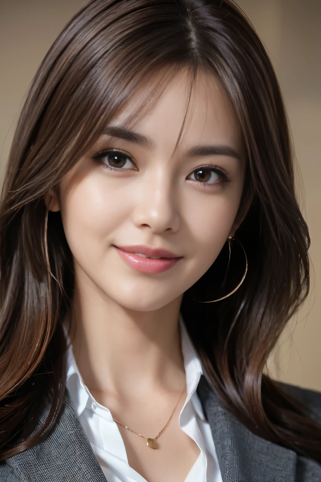 masutepiece, Best Quality, Photorealistic, Ultra-detailed, finely detail, High resolution, 8K Wallpaper, 1 beautiful woman,, light brown messy hair, in a business suit, foco nítido, Perfect dynamic composition, Beautiful detailed eyes, detailed hairs, Detailed realistic skin texture, Smiling, Close-up portrait, Model body type