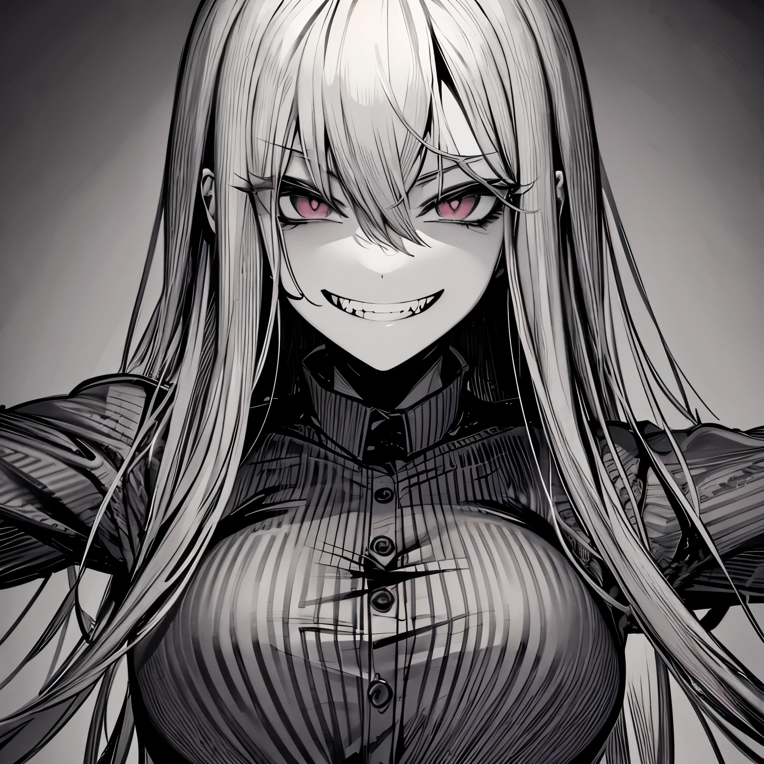 rough sketch, line art, pencil art, manga girl with blonde hair, bad mood, jitome, [[[[grinning evily]]]], gapmoe yandere grimdark, horror manga, grinning lasciviously, malevolent smile, uncanny smile, horror smile, creepy smile, horrifying grin. horror, evil grin, evil smirk, unsettling grin, teasing smile, huge-mouth