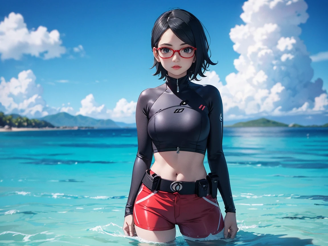 Sarada Uchiha with short hair, black eyes, wearing prescription glasses. She is wearing a black wetsuit with red details, wearing tactel shorts, wearing a utility belt around your waist, she is on a reef with half her body out of the water, the day is sunny with some clouds, Red lipstick. paradise island in the background.