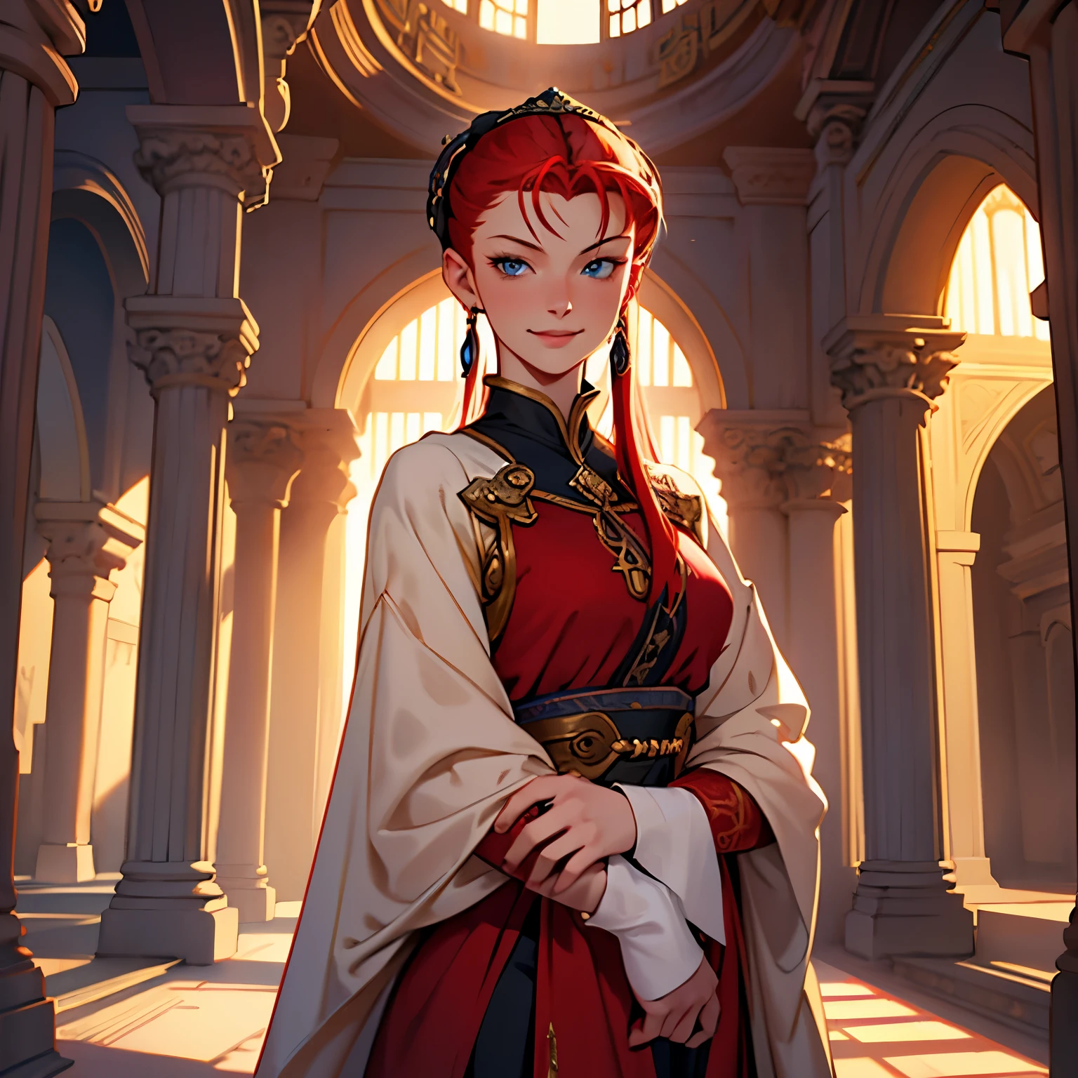 A girl with red hair and blue eyes, wearing noble clothes, with a gentle smile, in a Palace environment. (Fifteen years:1.8), [vibrant colors], [oil painting], [detailed background], [soft lighting], [high resolution], [elegant atmosphere], [beautifully detailed eyes], [beautifully detailed lips], [long eyelashes]