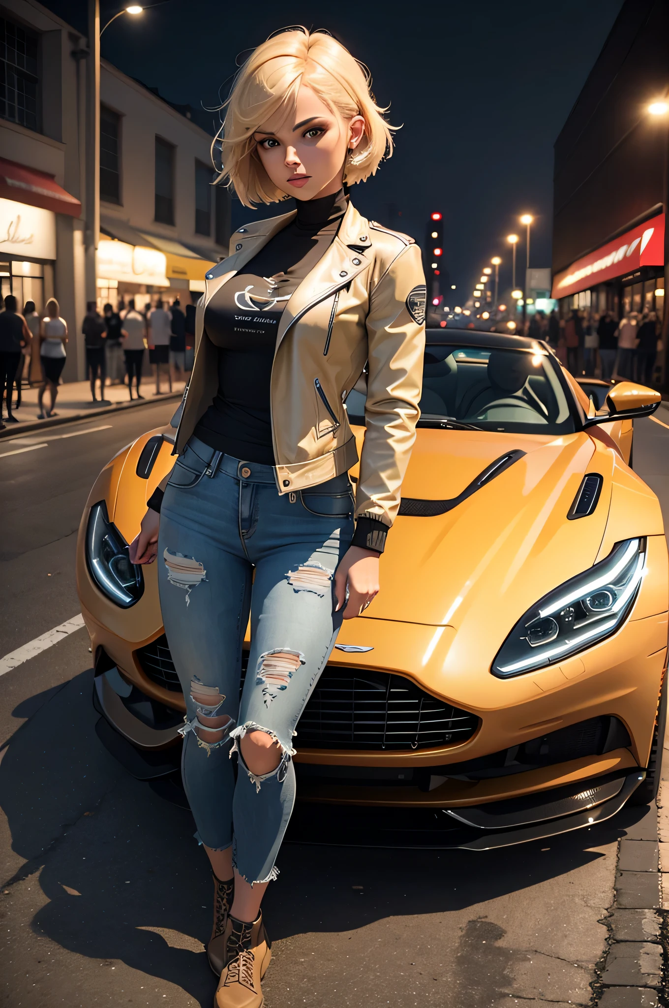 she is blondie and is posing with an Aston Martin DB11 Volante car, short hair, tattoos in the leg, wearing short jeans and racing jacket, in Palm City at night, (((1 girl)))